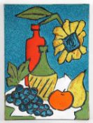 WandplatteStillleben mit Früchten und Blumenvase. Grauer Ton, bunte Glasuren. 50 x 37 cm.o. L.