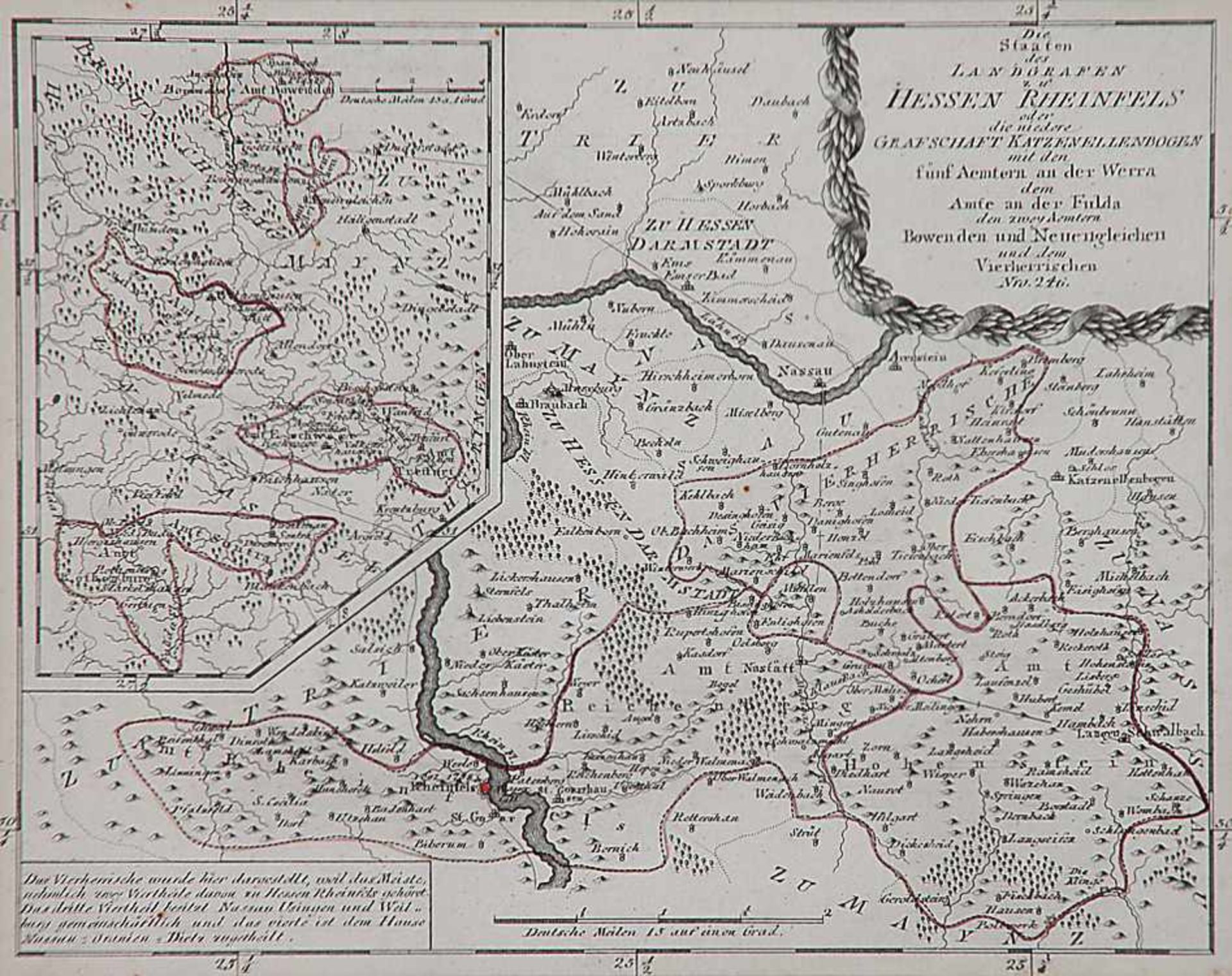 Kupferstich18./19. Jh..Landkarte "Die Staaten des Landgrafen zu Hessen Rheinfels". 24,5 x 31 cm.