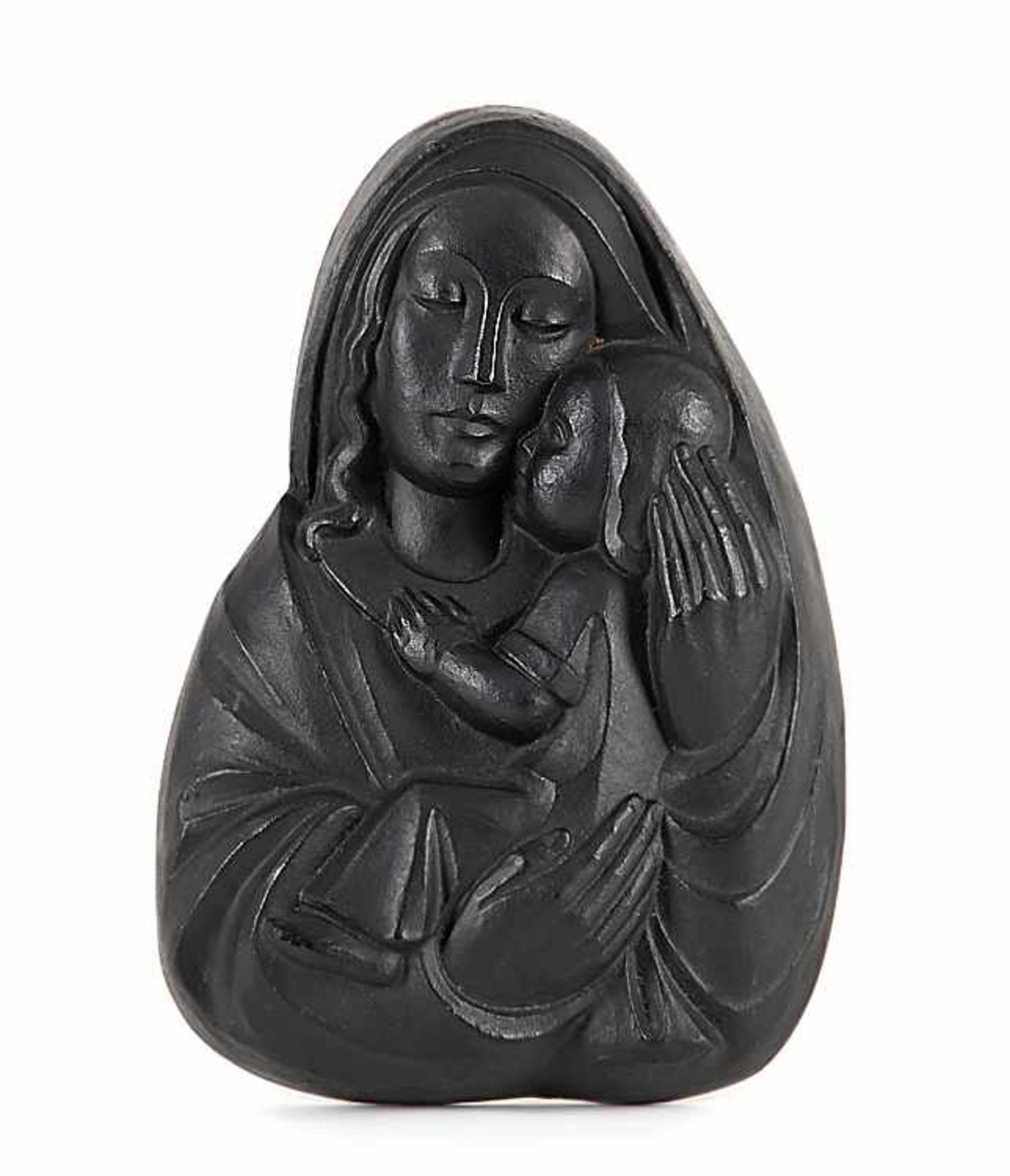 Anonymer Künstler20. Jh..Maria mit Jesuskind.Reliefbild aus schwarz patiniertem Eisenguss. Verso