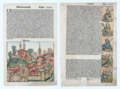 Zwei Seiten aus der Hartmann Schedelschen Weltchronik von 1493Mit altcol. Holzschnitten. Bll. 39,2 x