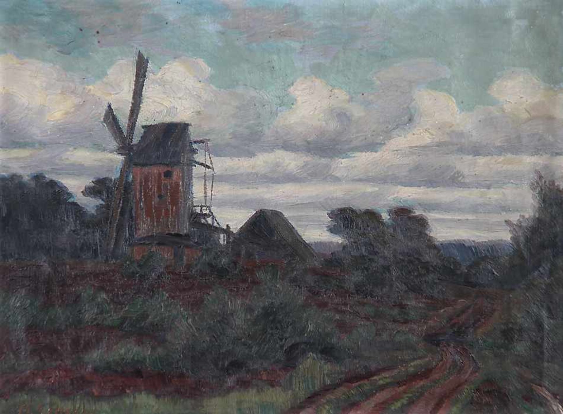 Scheffer, A.20. Jh..Landschaft mit Windmühle.Li. u. sign. A. Scheffer. Öl/Lwd., 28 x 37,5 cm. Lwd.