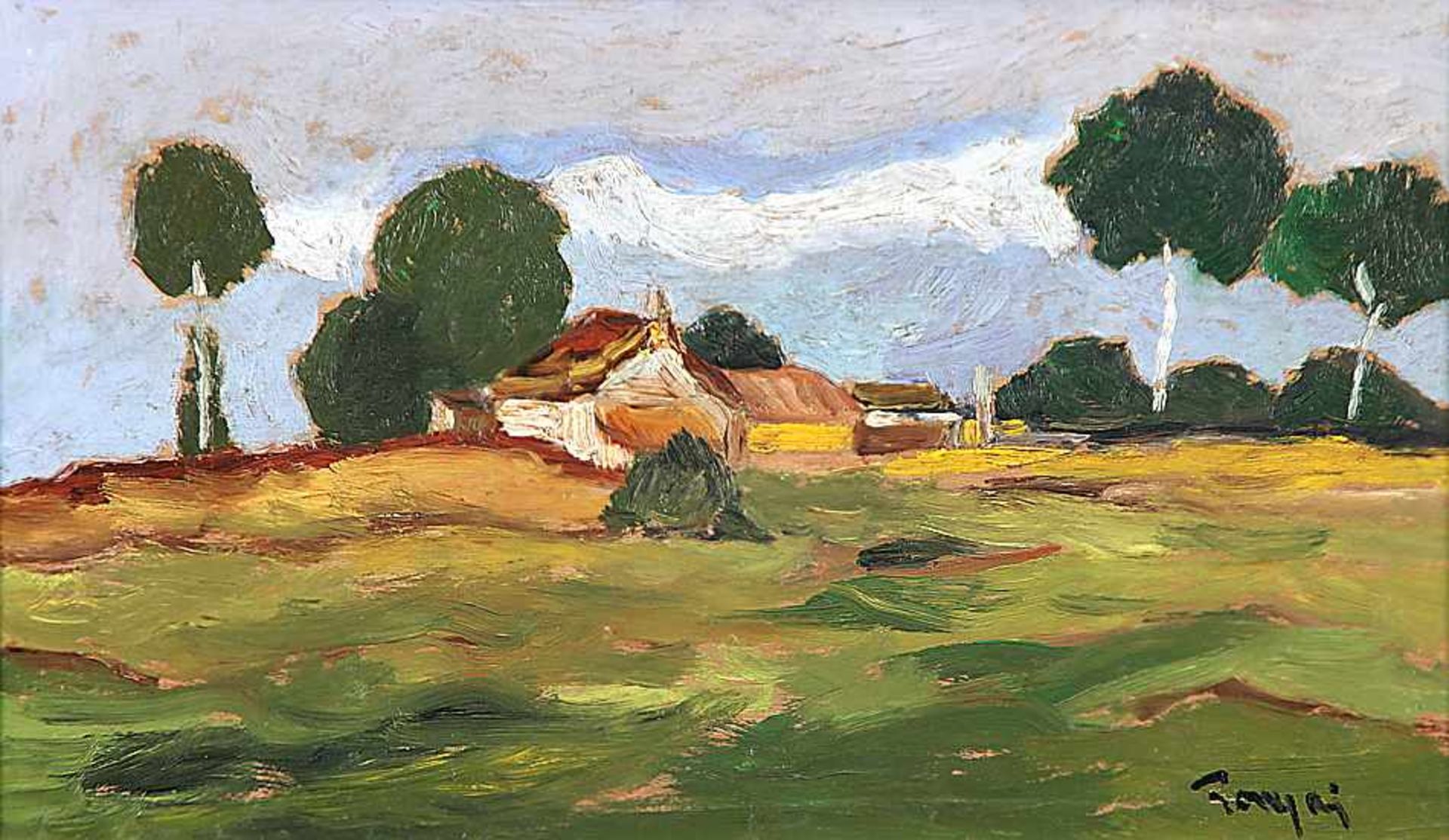 Tornyaj, János1869-1936; ungar. Maler. Studium an der Akad. in Budapest.Landschaft mit Gehöft.Re. u.