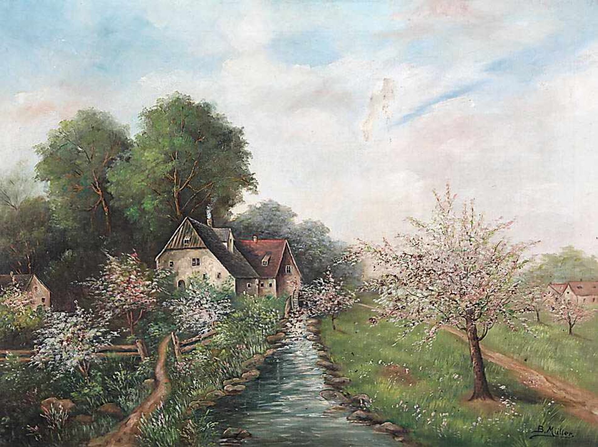 Müller, B.20. Jh..Frühlingslandschaft mit alter Wassermühle. Re. u. sign. B. Müller. Öl/Lwd./