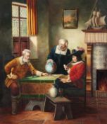Maler20. Jh..Drei Männer in historischen Köstümen beim Kartenstudium.Li. u. unles. sign.. Öl/Lwd.,