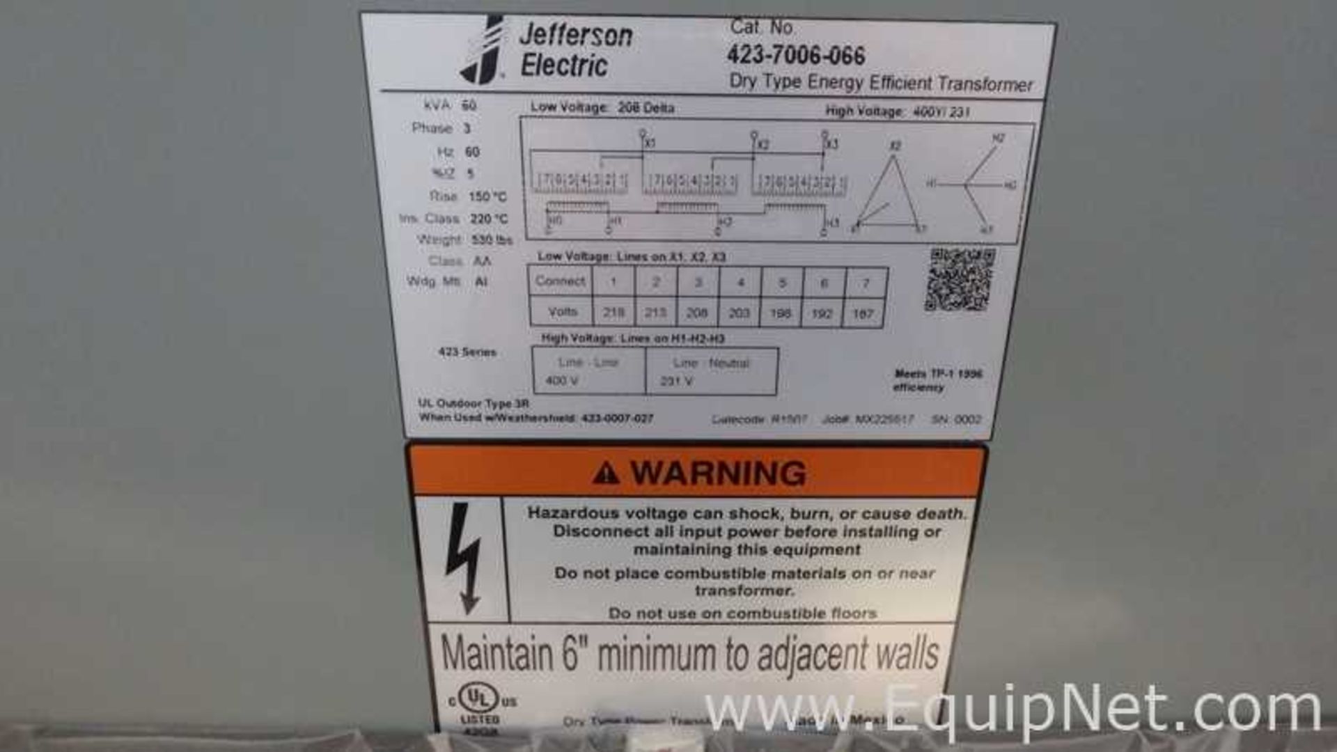 Unused Jefferson Electric Cat 423-7006-066 Dry Type Energy Efficient Transformer is new has never - Image 7 of 8