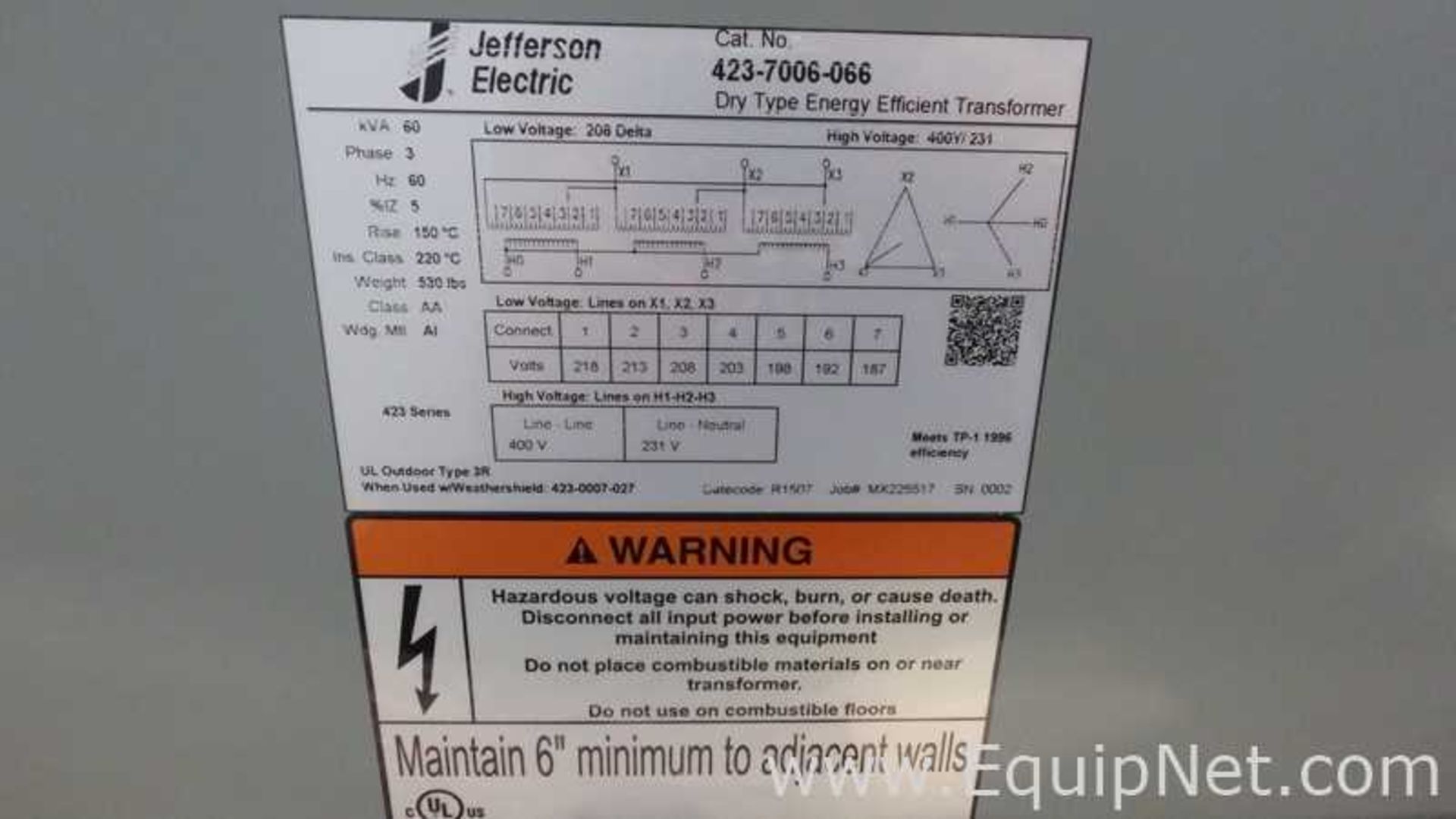 Unused Jefferson Electric Cat 423-7006-066 Dry Type Energy Efficient Transformer is new has never - Image 6 of 8