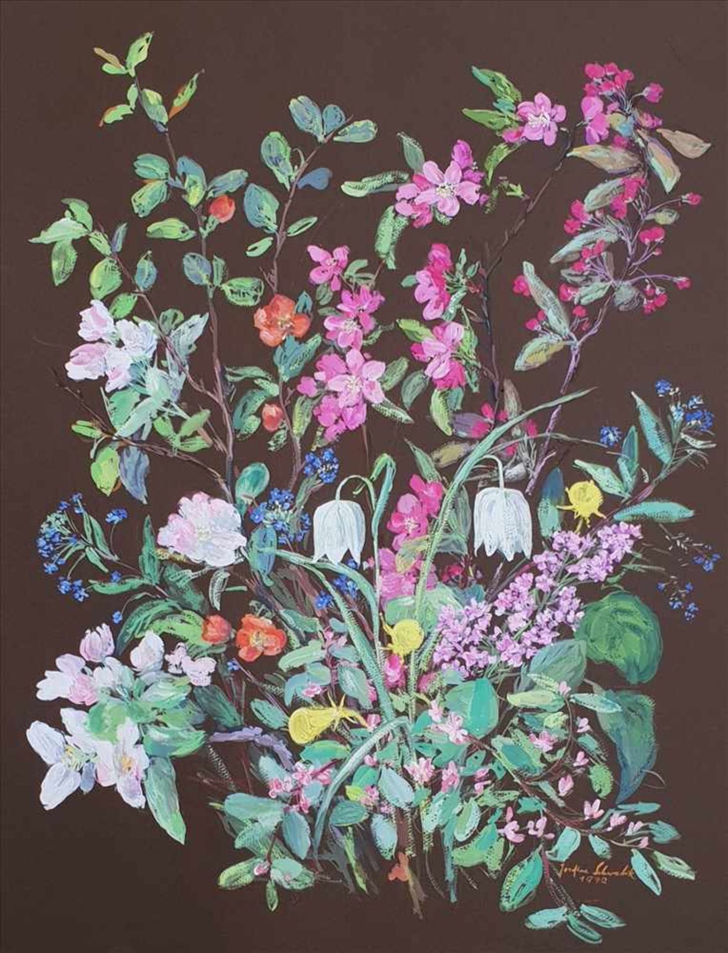 Josefine Schwabik (1917-2014 Innsbruck) , Blumenstillleben,Mischtechnik auf Papier,