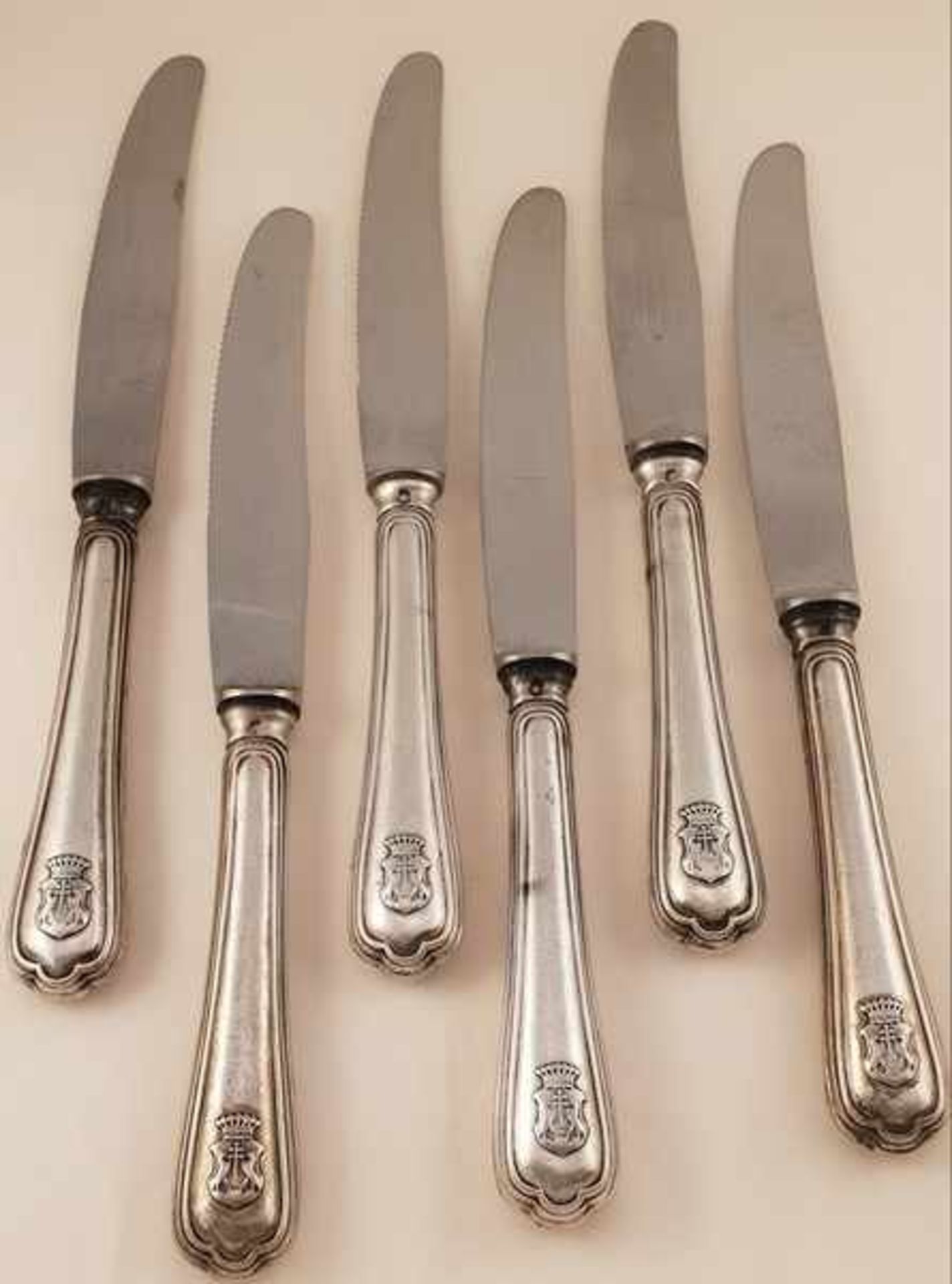 6 Stück Messer , Dianakopfpunze, Silber 800,, Österreich/Ungarn, Klingen aus Stahl , 397g,