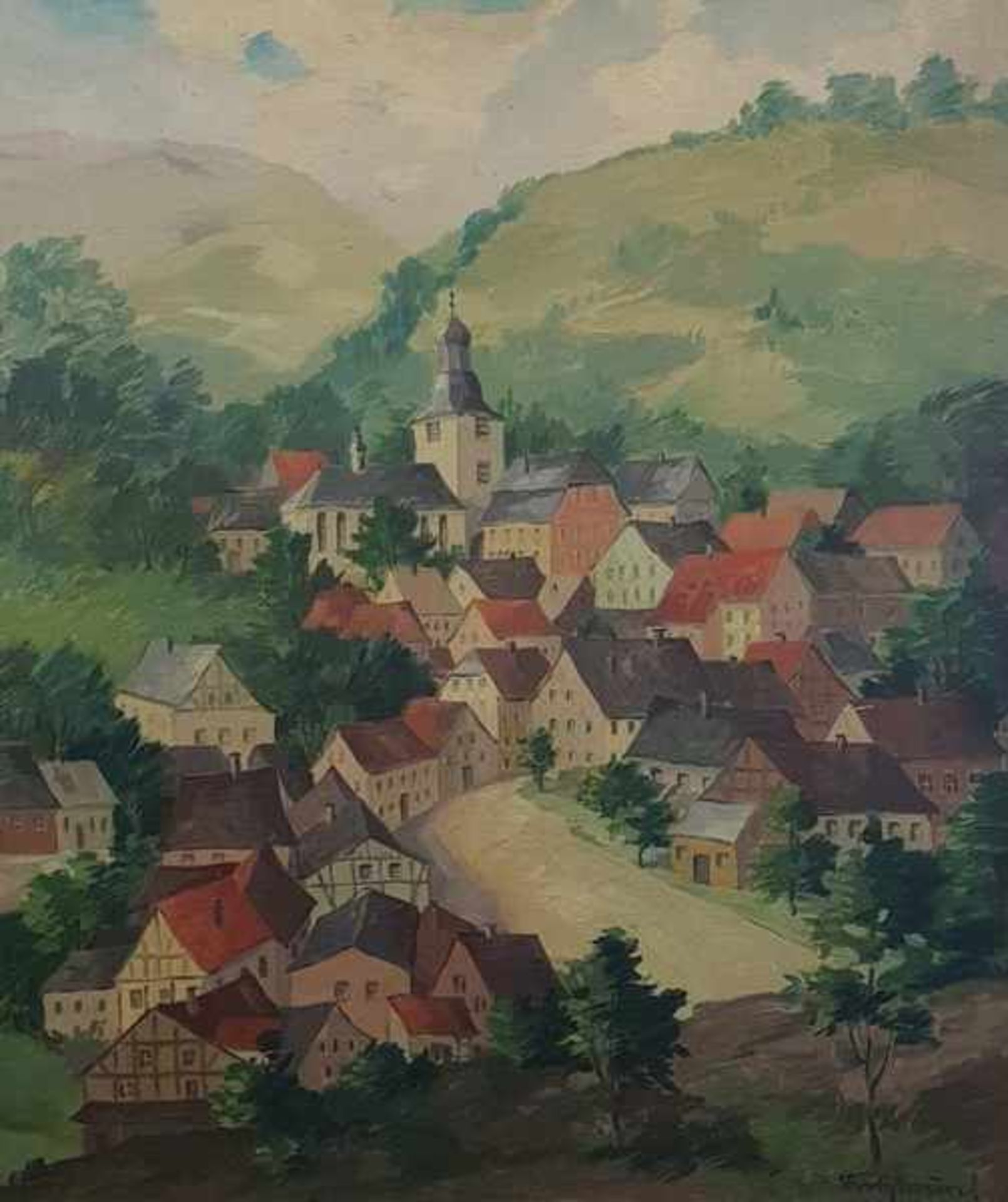 Dorfansicht, Öl auf Holfaserplatte, Signiert: Fritz Bouref, 1939, gerahmt. 60x70cm