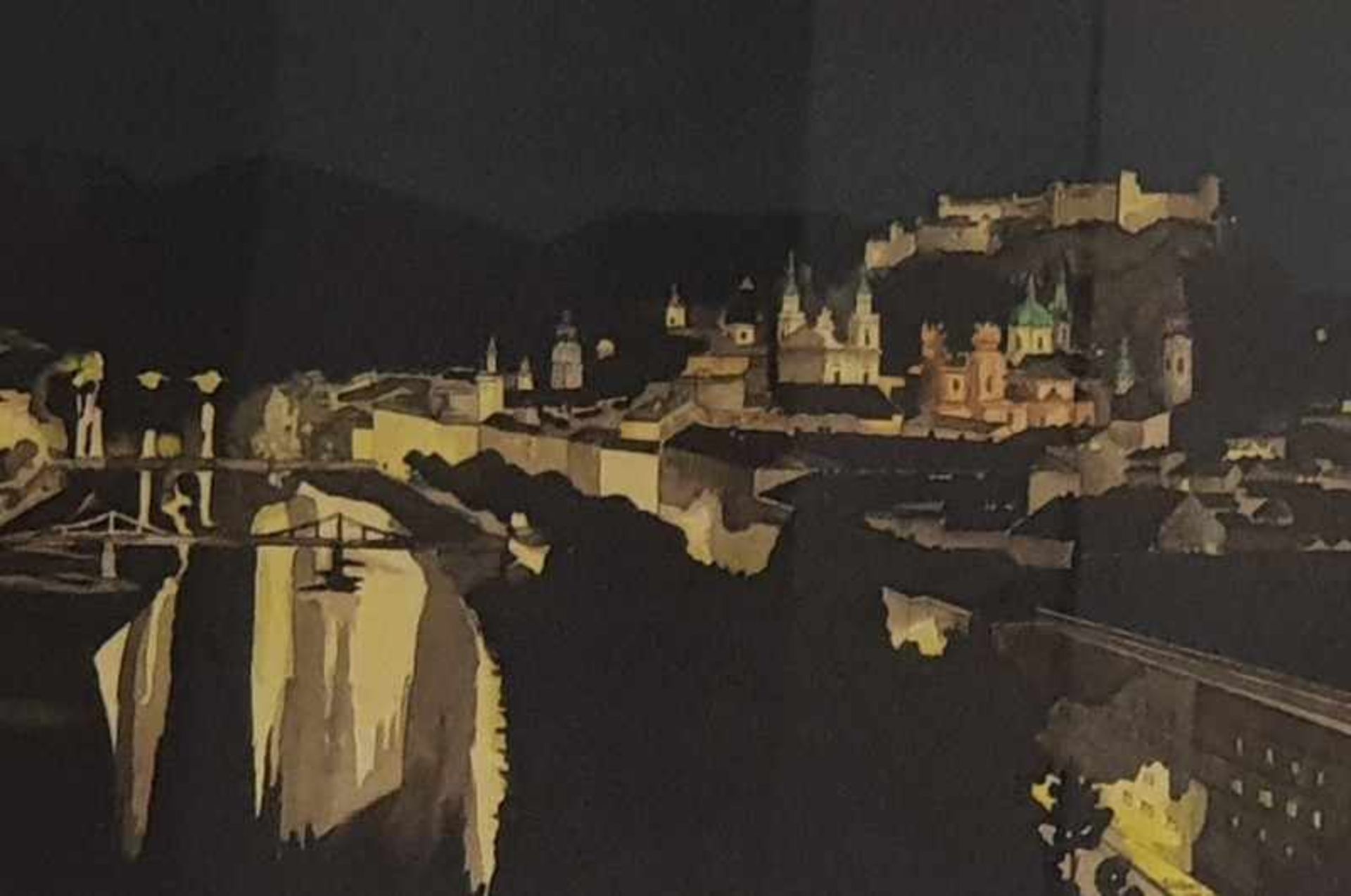 Blick auf die Festung Hohensalzburg und auf die Salzburger Altstadt, Aquarell auf Papier, signiert