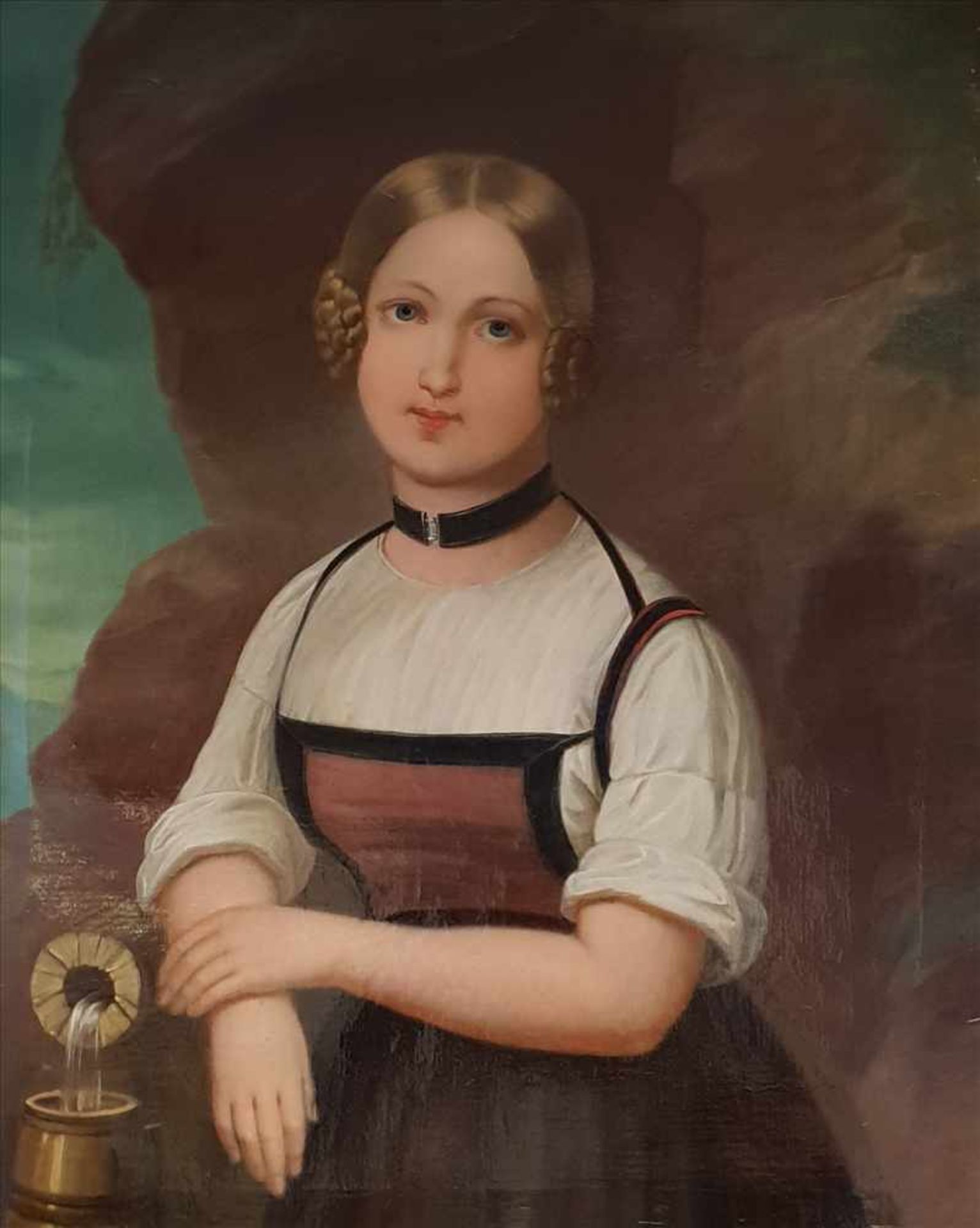 Künstler aus der 2. Hälfte des 19. Jahrhunderts,Junge Dame mit Dirndl am Brunnen, Öl auf Leinwand, - Bild 2 aus 3