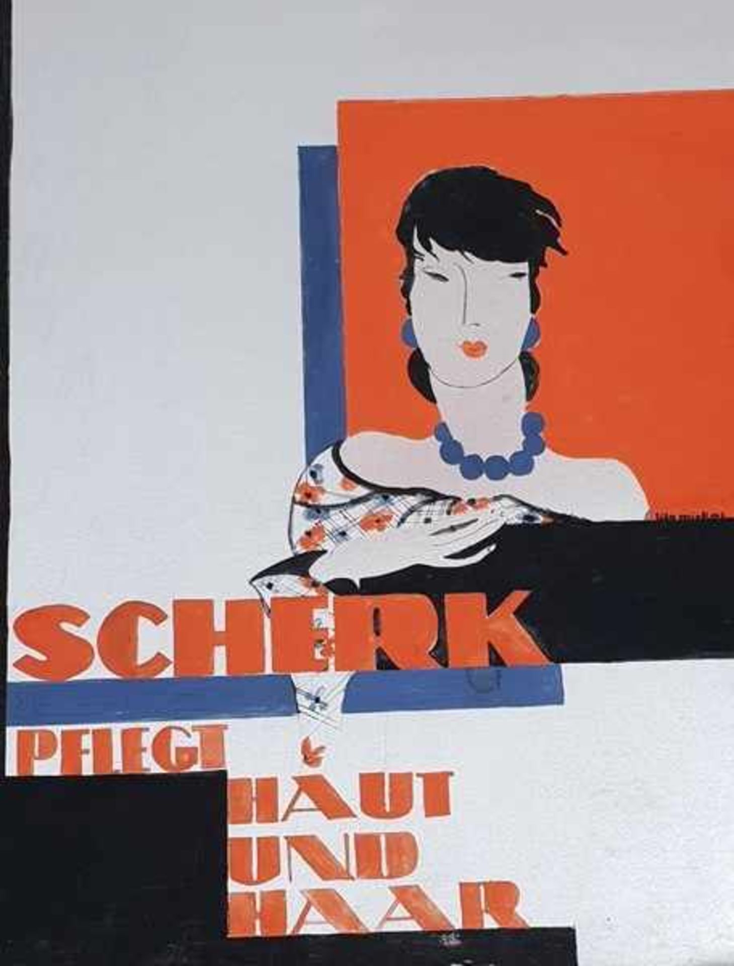 Plakatentwurf, "Scherk pflegt Haut und Haar" ,Wasserfarben auf Kartonpapier, signiert: Lilo
