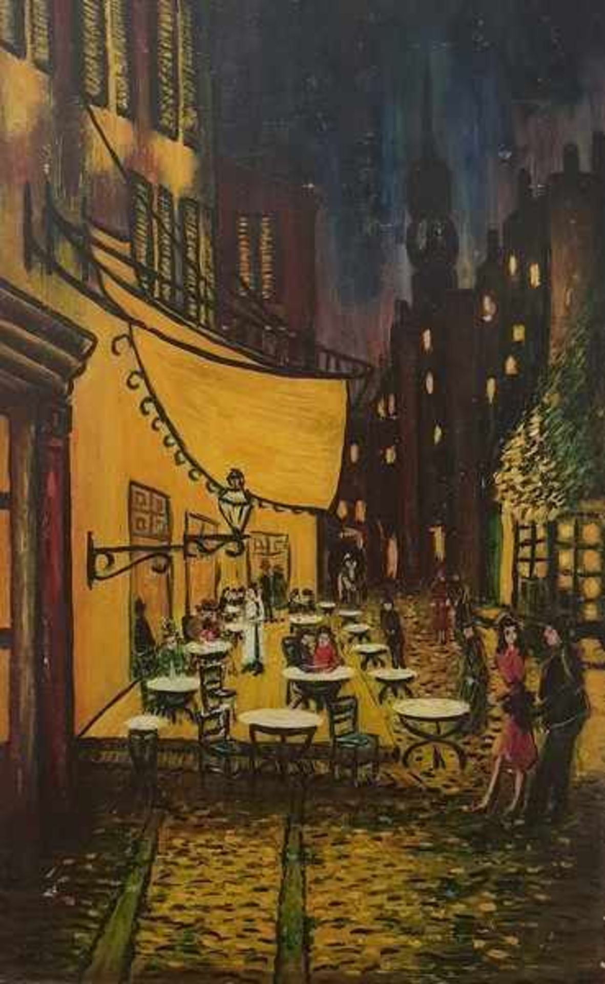 Kopie nach Vincent van Gogh, Cafe Terasse am Abend, Ölfarbe auf Faserplatte, Maße: 78x49,5cm,