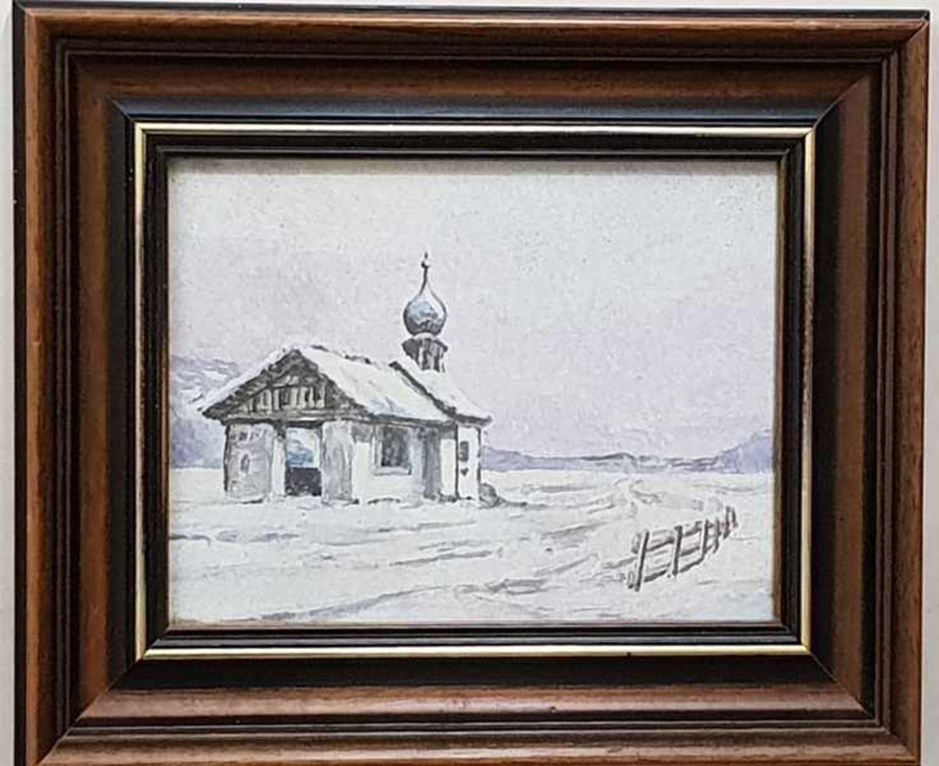 kleines Kirchlein in der Winterlandschaft, Mischtechnik auf Papier, 20.Jhd. ,gerahmt, 20x16cm, - Image 2 of 2