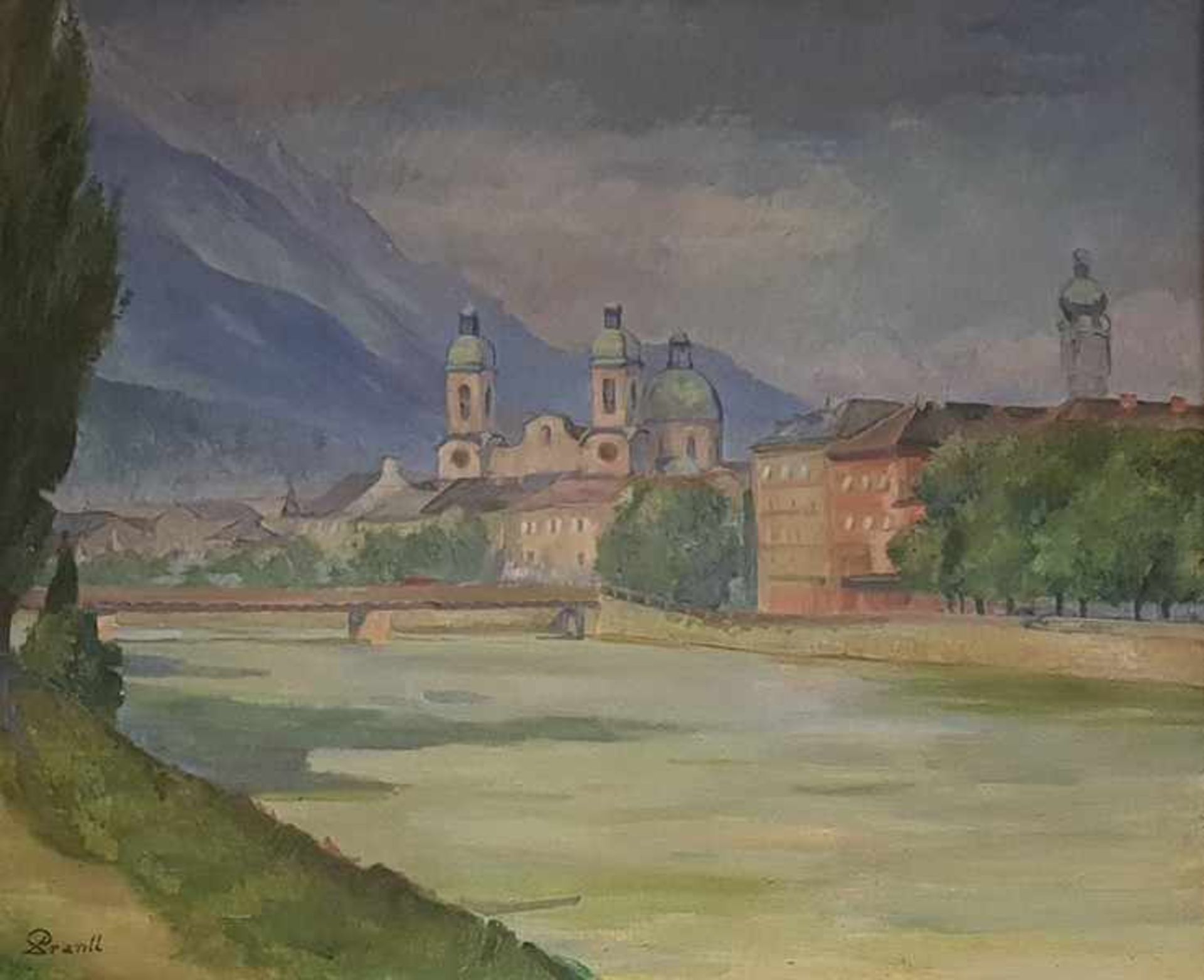 Josef Prantl (20 März 1901 - 9 März 1992) , Blick vom Innufer auf die Innsbrucker Altstadt, Öl auf