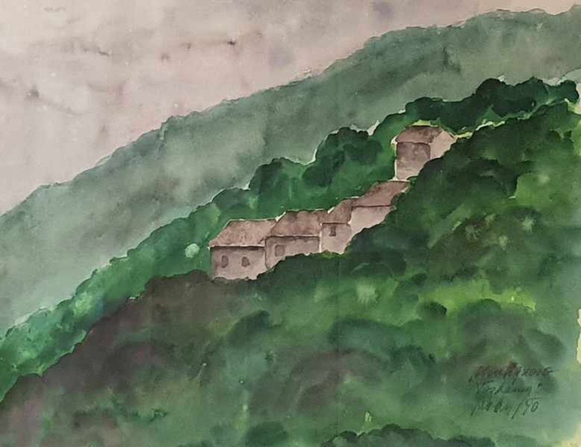 Landschaftsbildnis Montegrosse Toskana , Aquarell auf Papier , unlerserlich singniert , Datiert