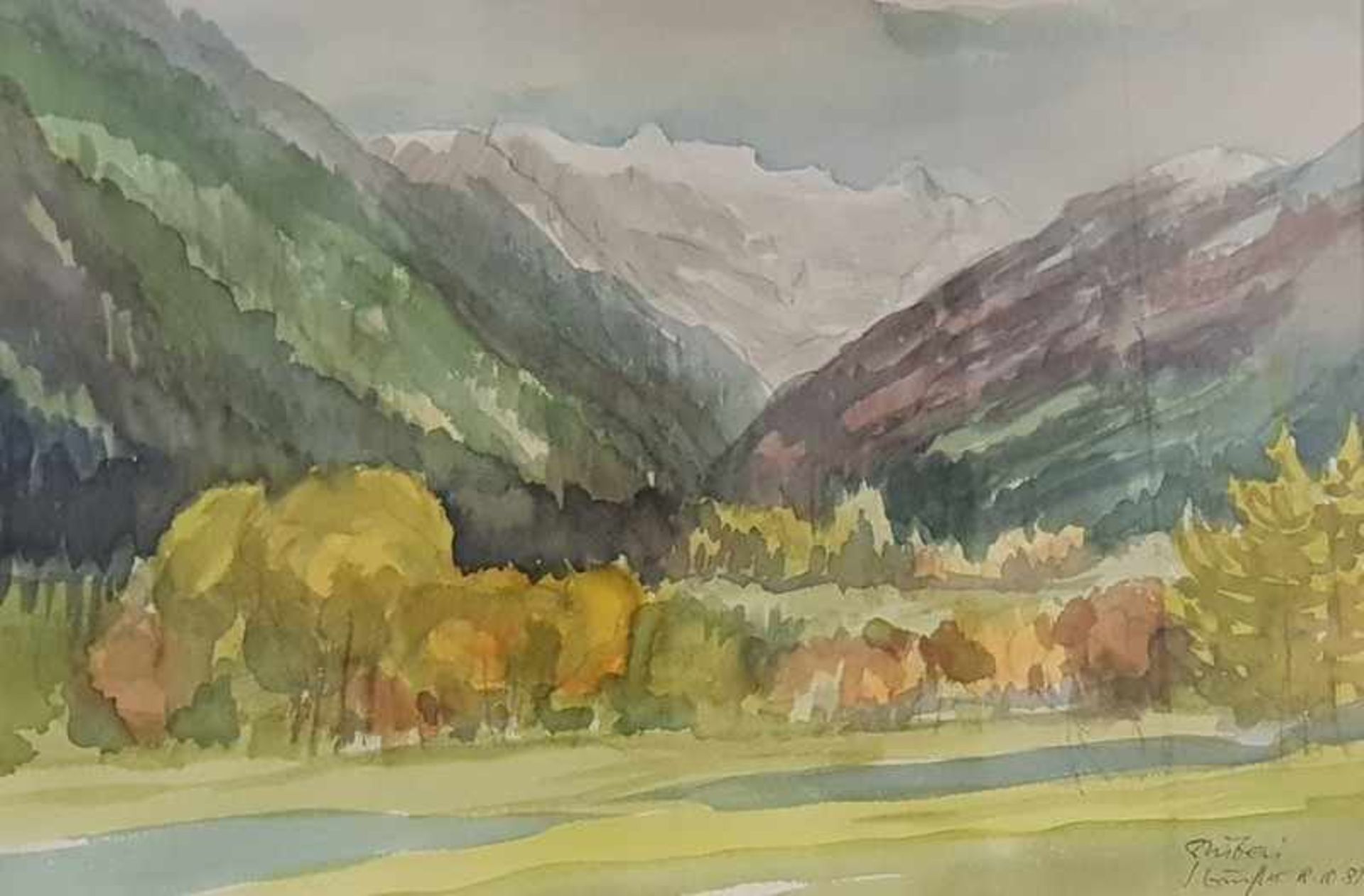 Aquarell Blick auf Stubai, Aquarell auf Papier, signiert J. Günther, 18.18.87,