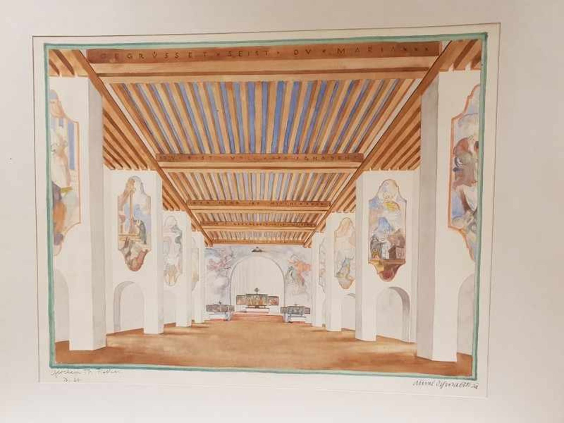 Innenansicht einer Kirche, Aquarell auf Papier, Passepartoutausschnitt: 49,5x39cm, unleserlich
