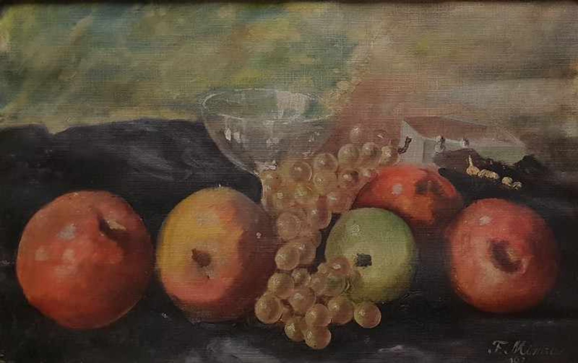 Früchtestillleben, Öl auf Leinwand auf Malkarton aufgelegt, singiert F. Mimra 1920, Maße: 48x30