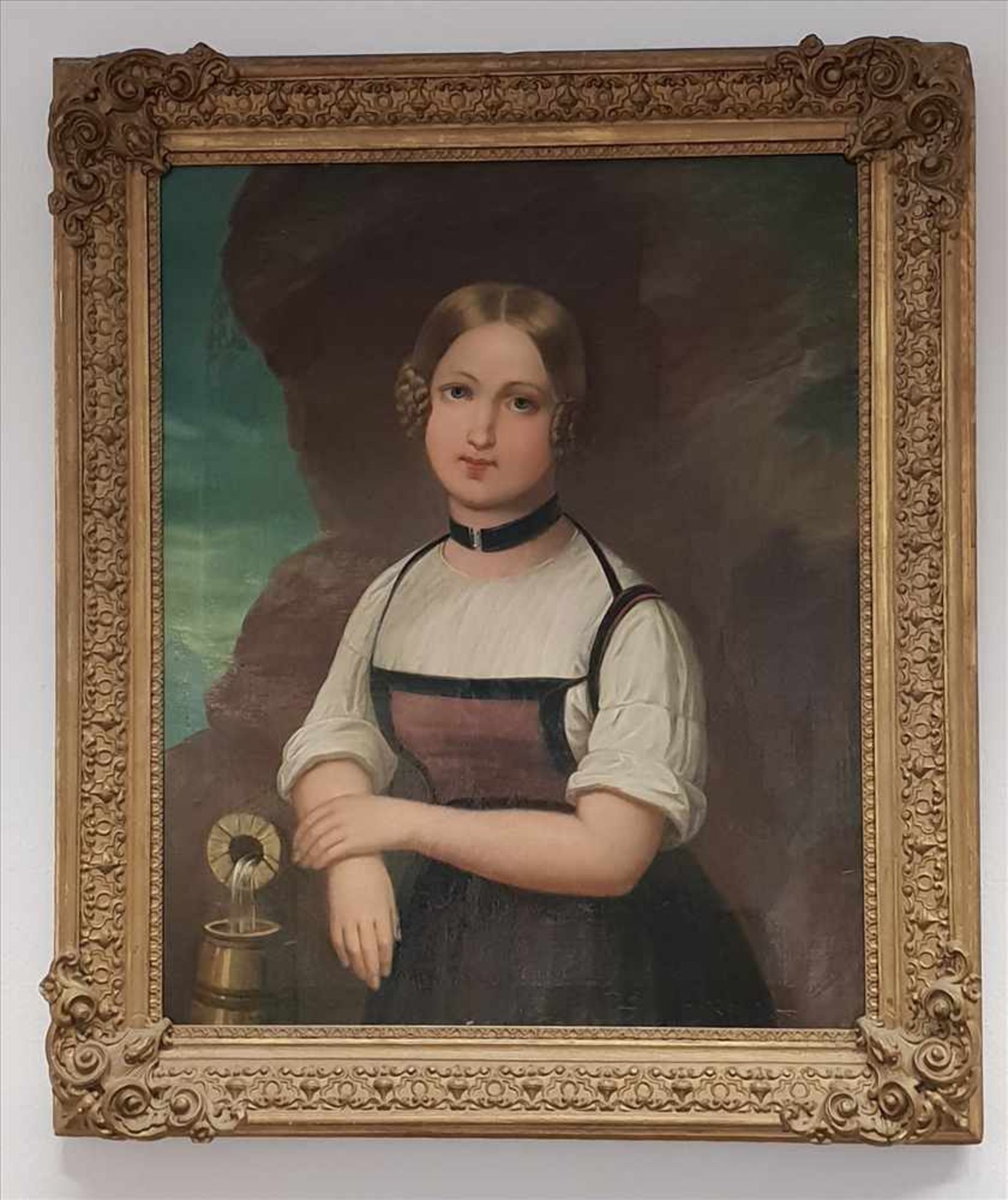 Künstler aus der 2. Hälfte des 19. Jahrhunderts,Junge Dame mit Dirndl am Brunnen, Öl auf Leinwand,