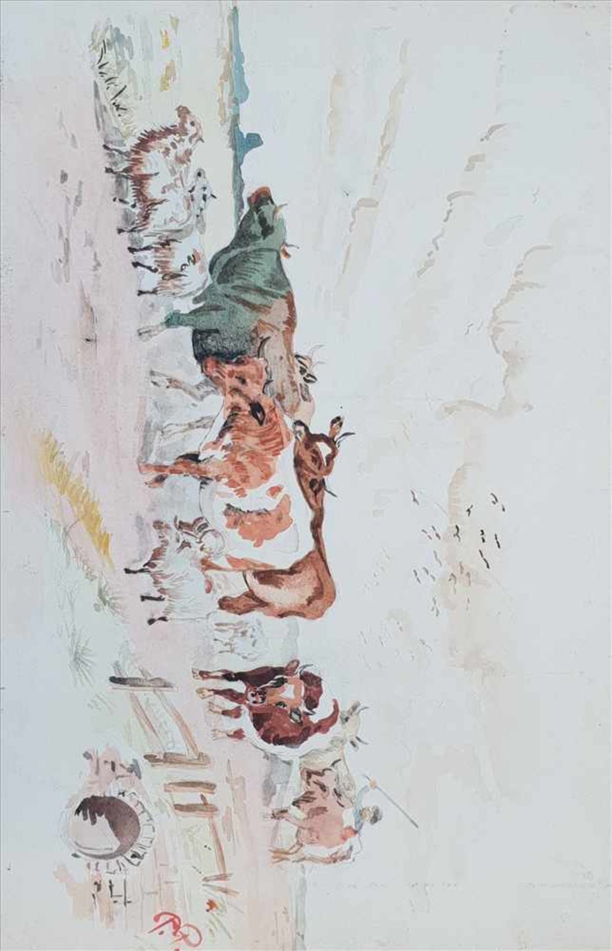 Aquarell, Bauer mit seinem Vieh , Aquarell auf Papier auf Malkarton, Künstlermonogramm: P.P. , 39,