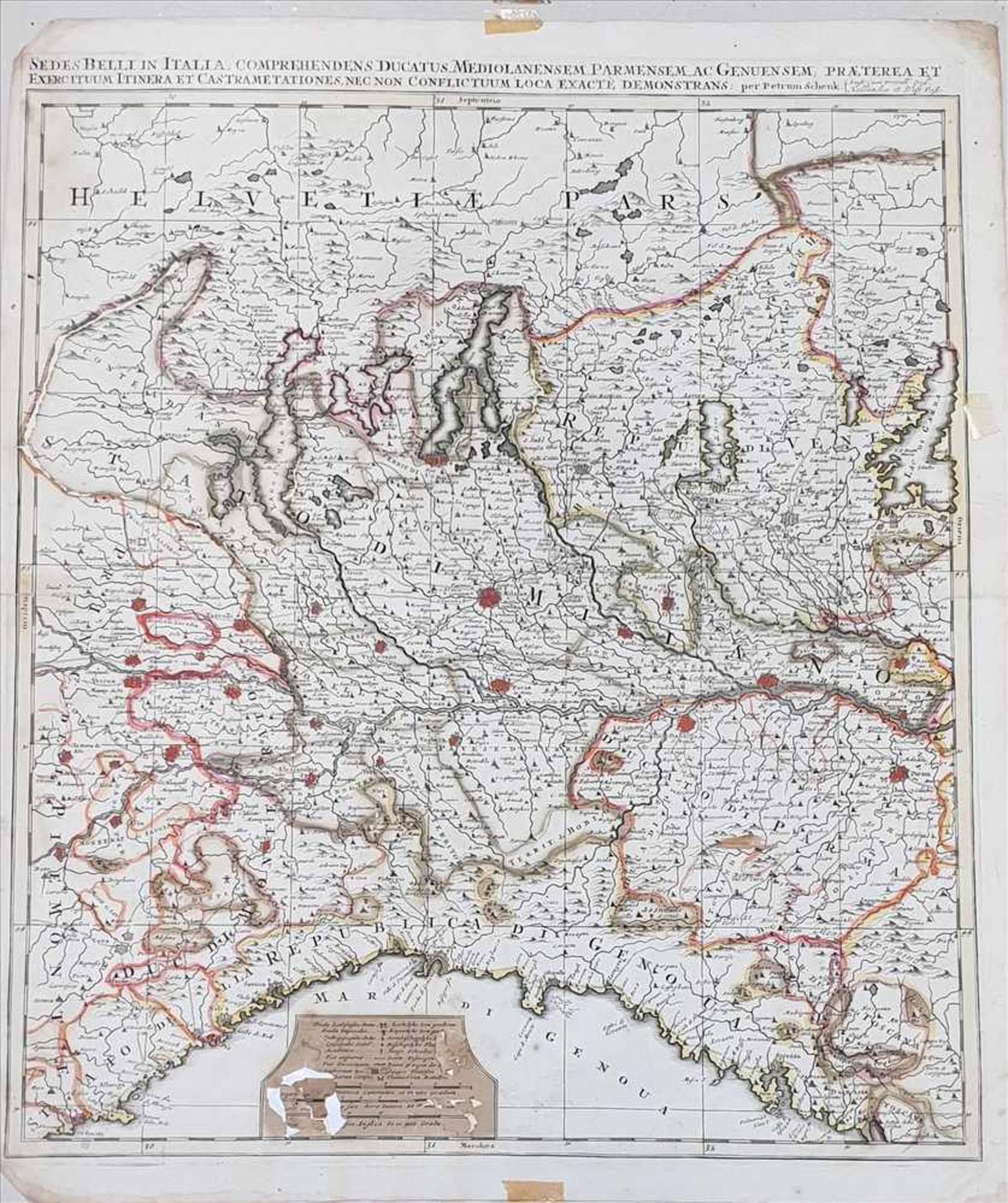 Petrus Schenk (1660-1711) , Landkarte Lombardei, original Kupferstich altkoloriert, teils fleckig,