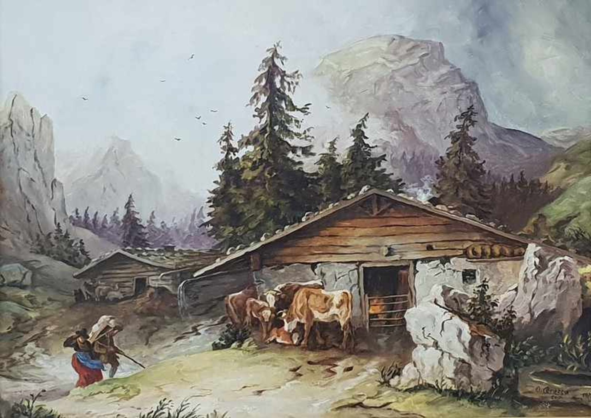 Seeauer Alpenhütte um 1850, Öl auf Malplatte, signiert: O. Corazza, cop. 1976,gerahmt, 56x41cm