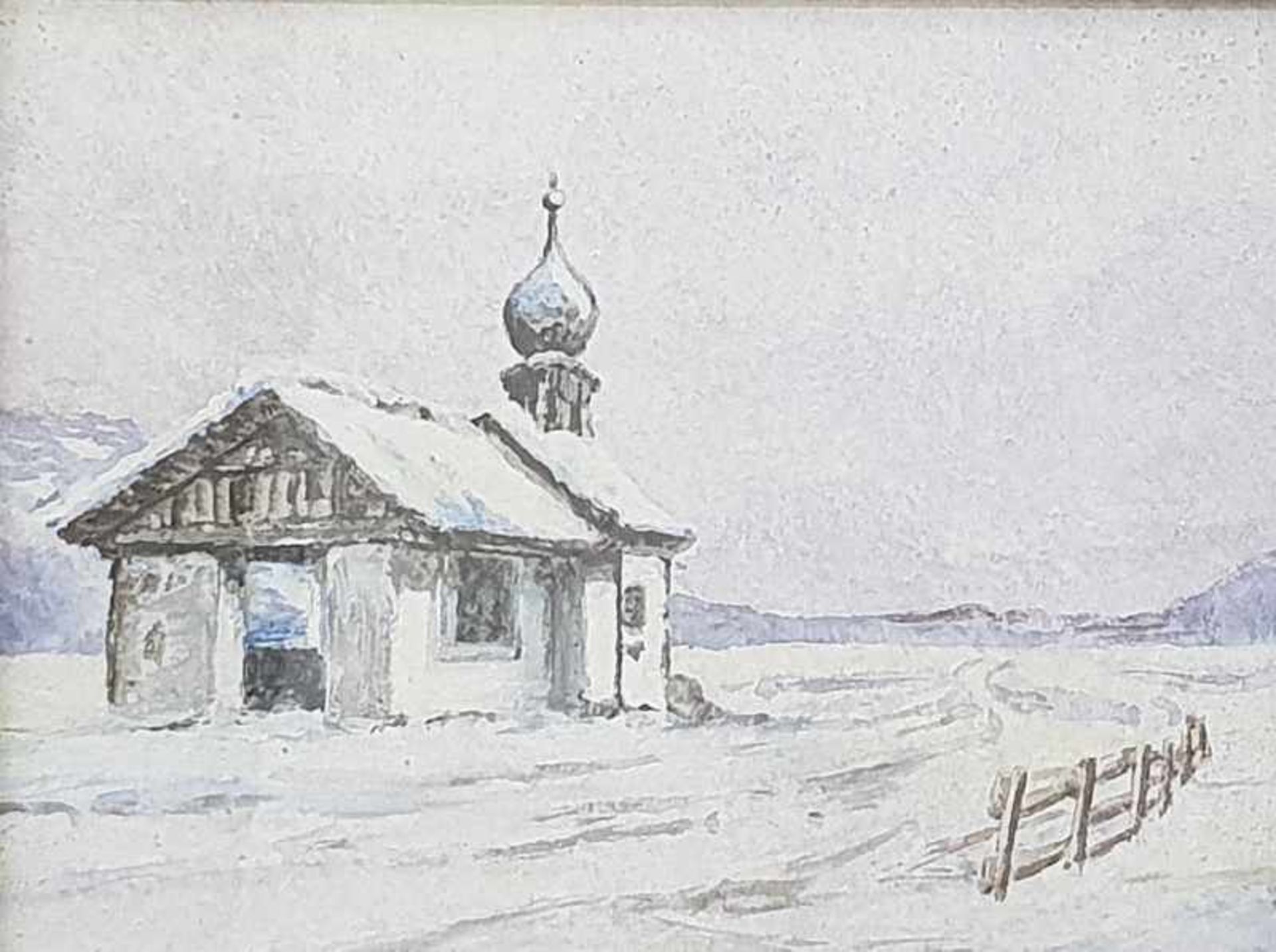 kleines Kirchlein in der Winterlandschaft, Mischtechnik auf Papier, 20.Jhd. ,gerahmt, 20x16cm,