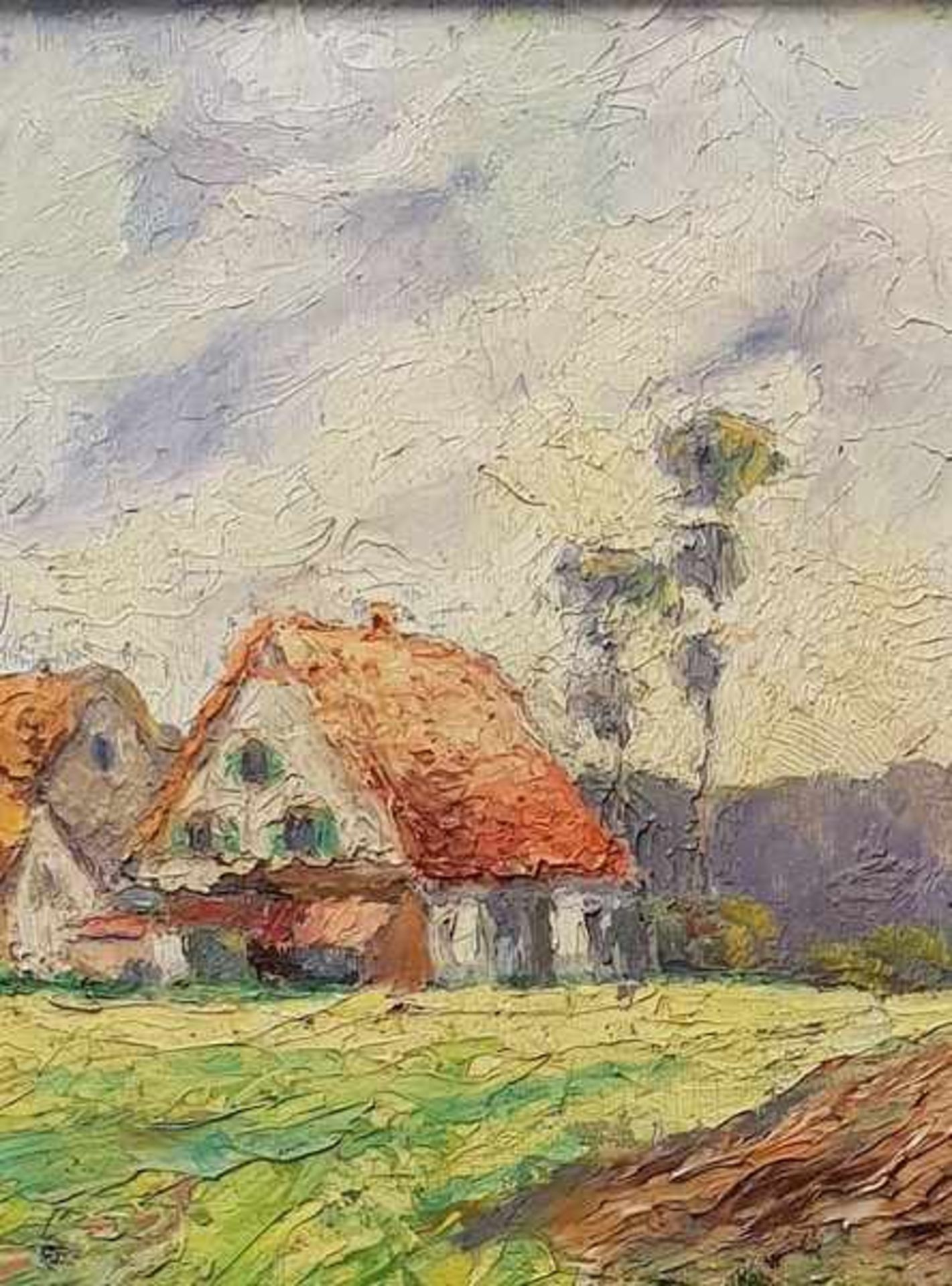 Landschaftsgemälde mit Bauernhöfe , Öl auf Malkarton , 1.Drittel 20.Jhd. ,gerahmt ,21x27cm,