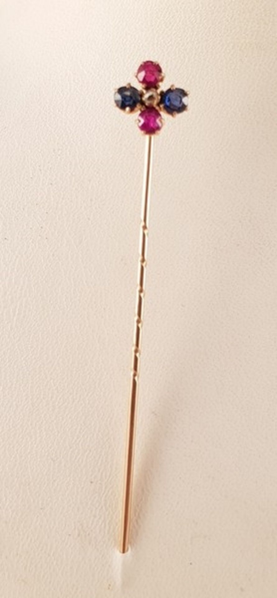 Rubin Saphir Anstecknadel mit kleinem Altschliffdiamanten, , Gold 585, Länge:60mm , 1,2g