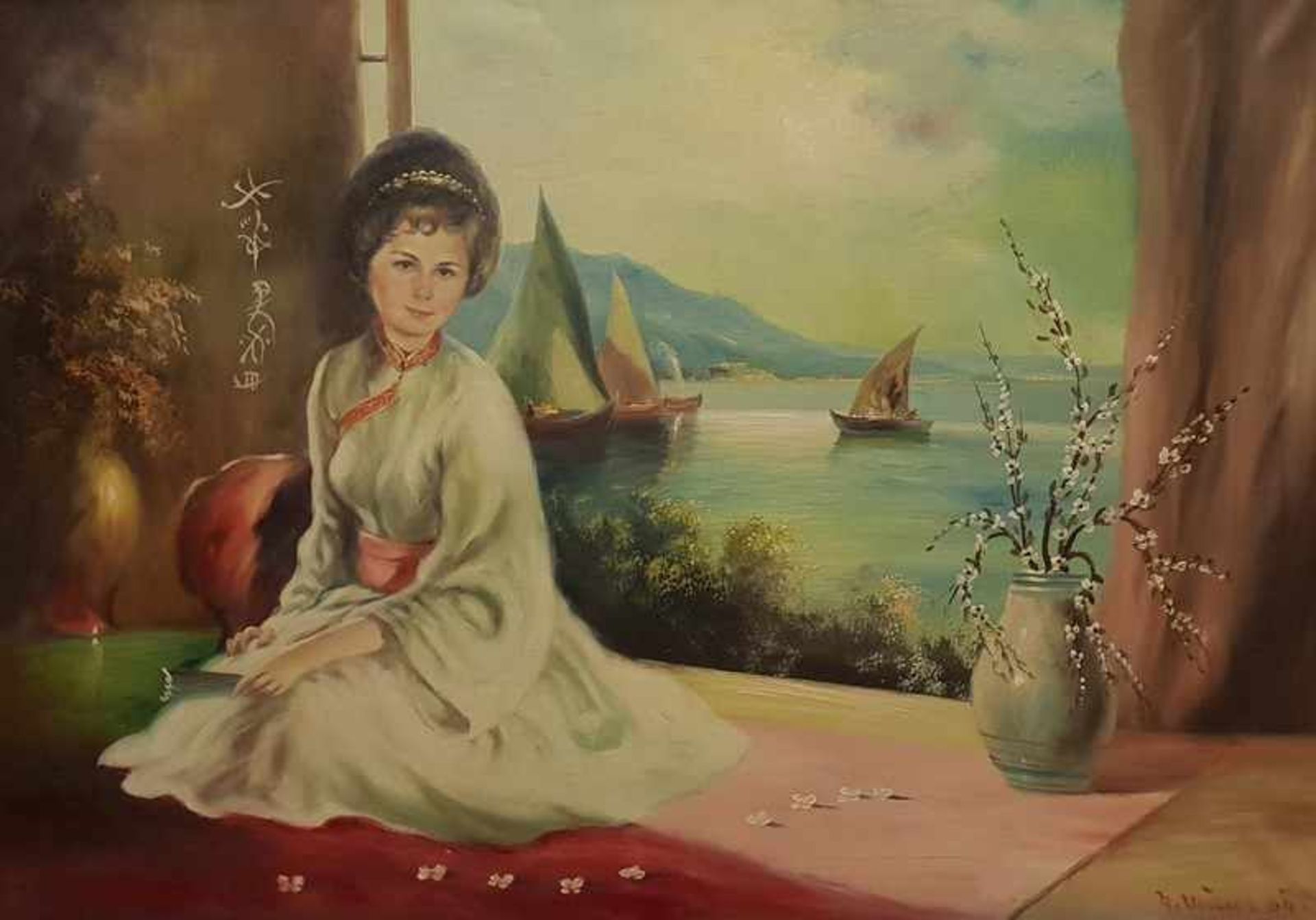 G. Müller, Bildnis einer Dame in Traditioneller japanischer Tracht, Öl auf Leinwand, signiert G.