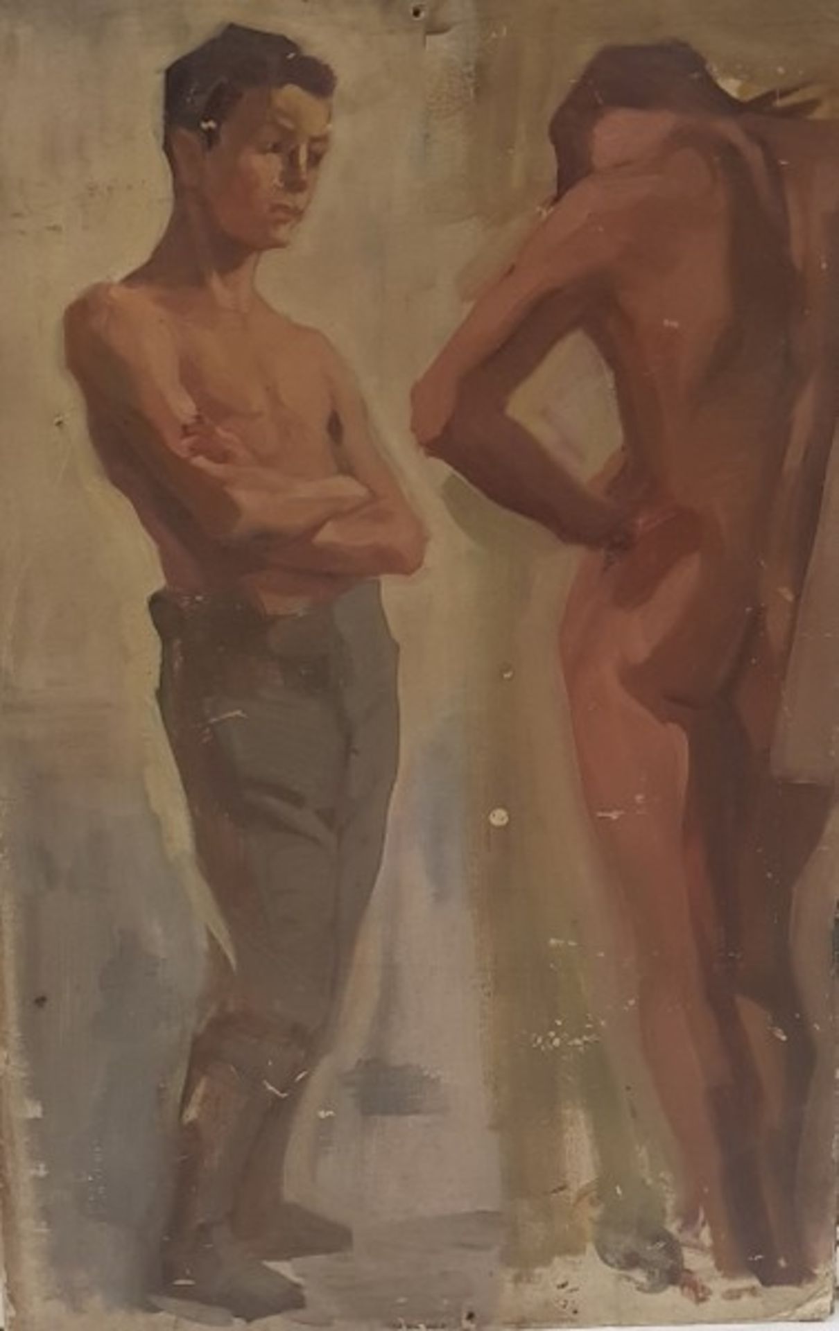 Akt von zwei Männern im Stil des Expressionismus Öl auf Karton. Im Bildnis zu sehen zwei Männer, der