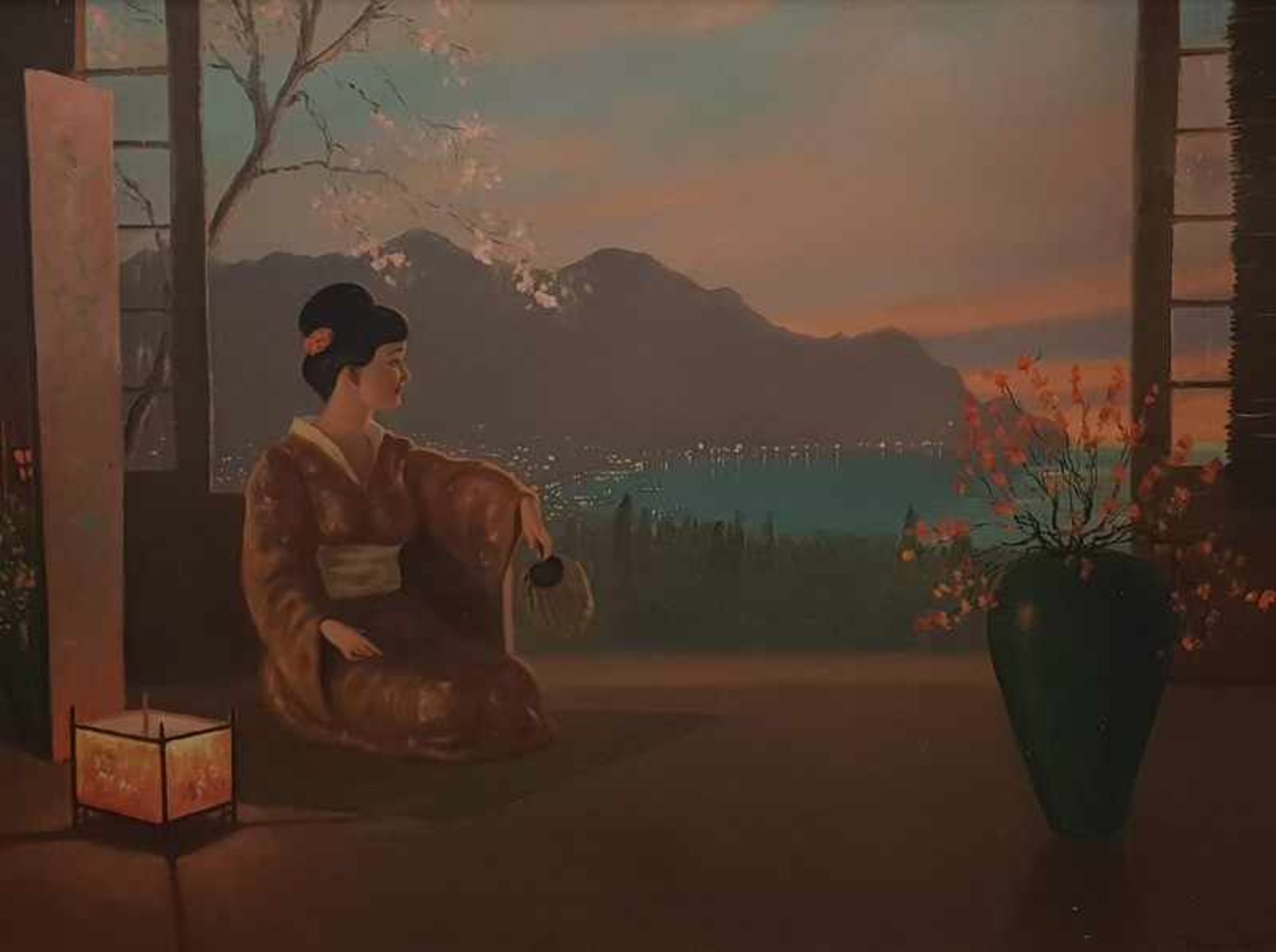Sitzende Geisha auf den See blickend, Öl auf Faserplatte, signiert: Plank , gerahmt , 78x58cm
