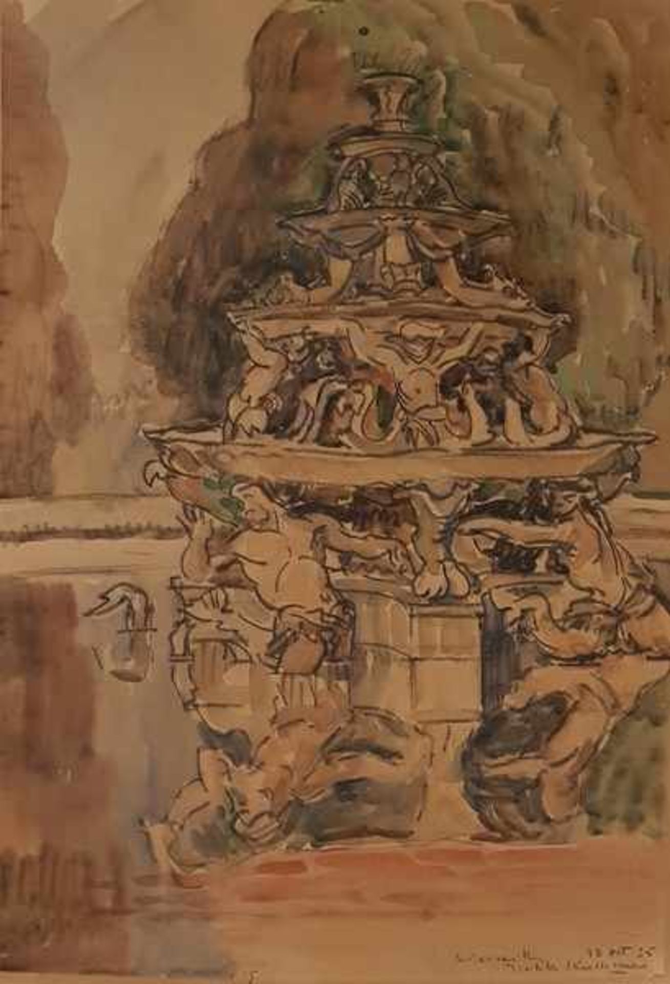 Brunnen in Versailles, Aquarell auf Papier (später auf Karton befestigt), unlerserlich signiert,