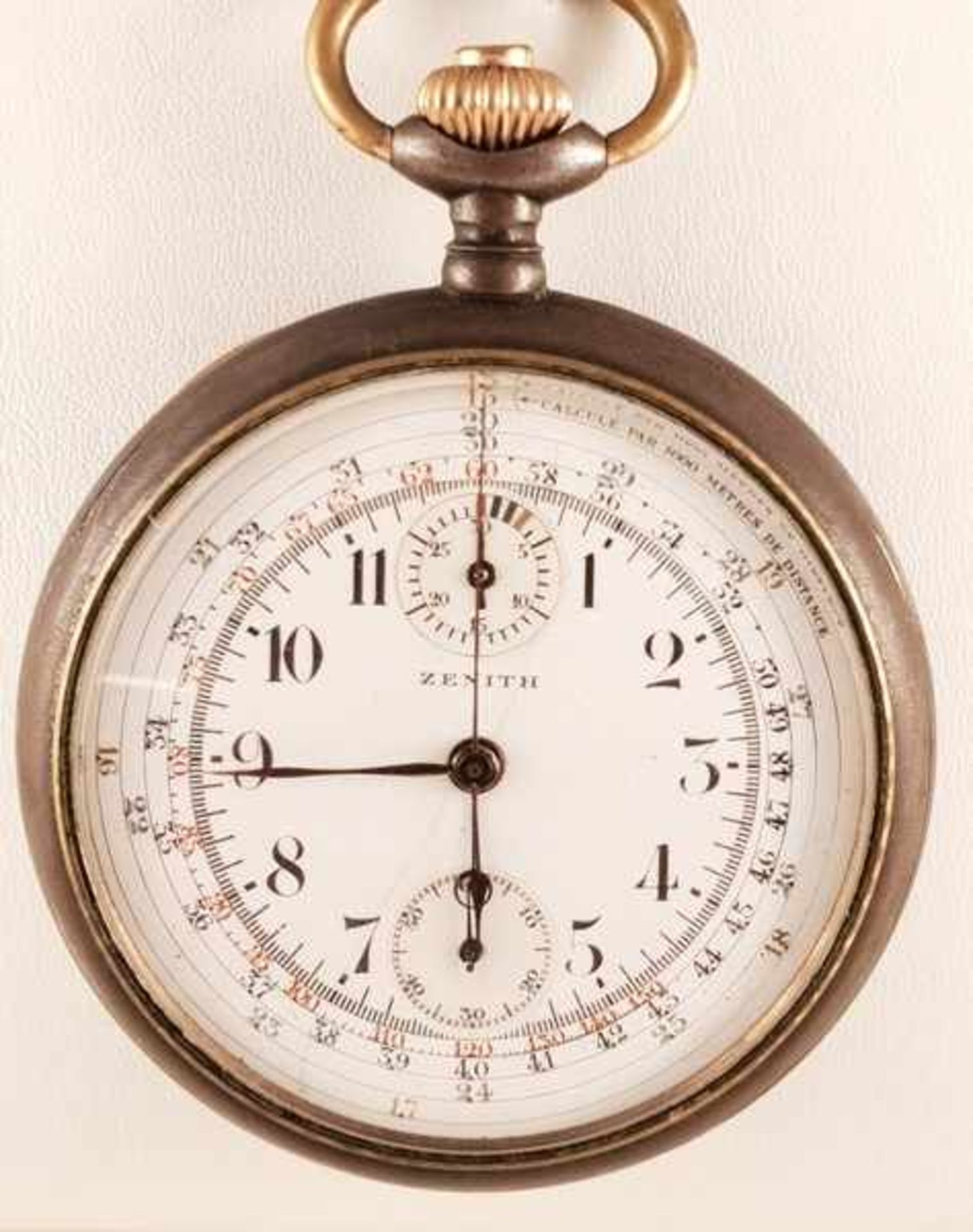 TASCHENUHR, CHRONOGRAPH, ZENITH, um 1920.Metall geschwärzt,Gehäuse Nr. 4842424 560, Emailzifferblatt