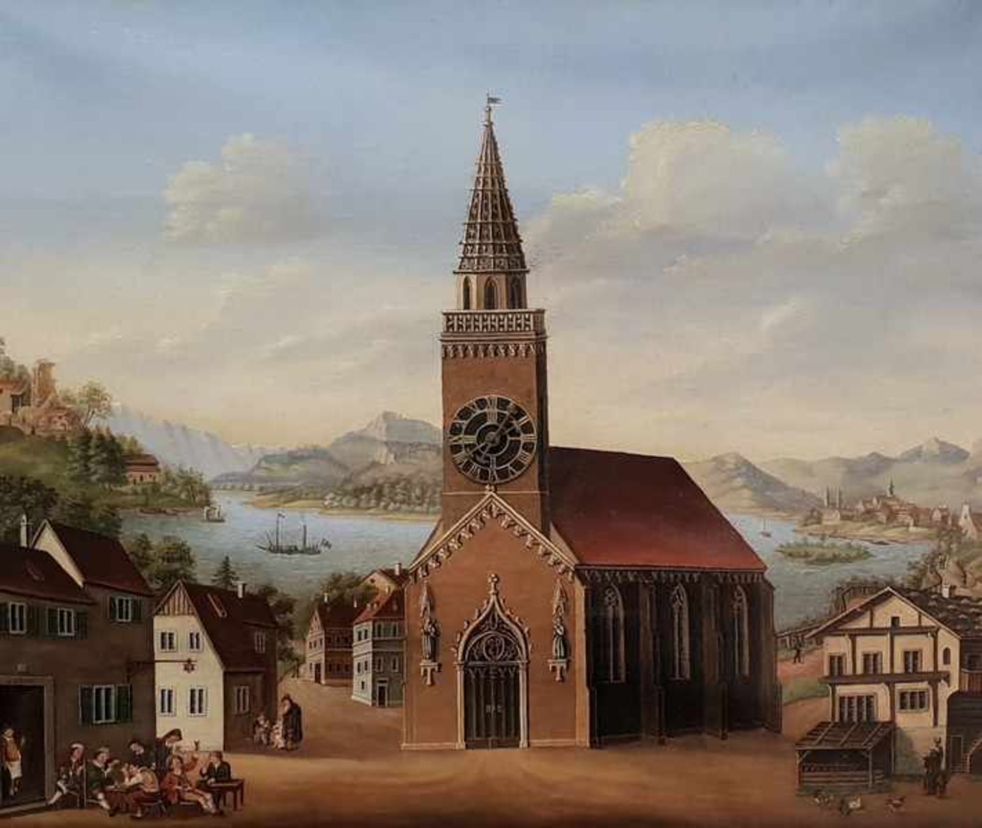 Biedermeier Bilderuhr"Alpenländische Seenlandschaft mit Dorfgemeinschaft ", Öl auf Leinwand,