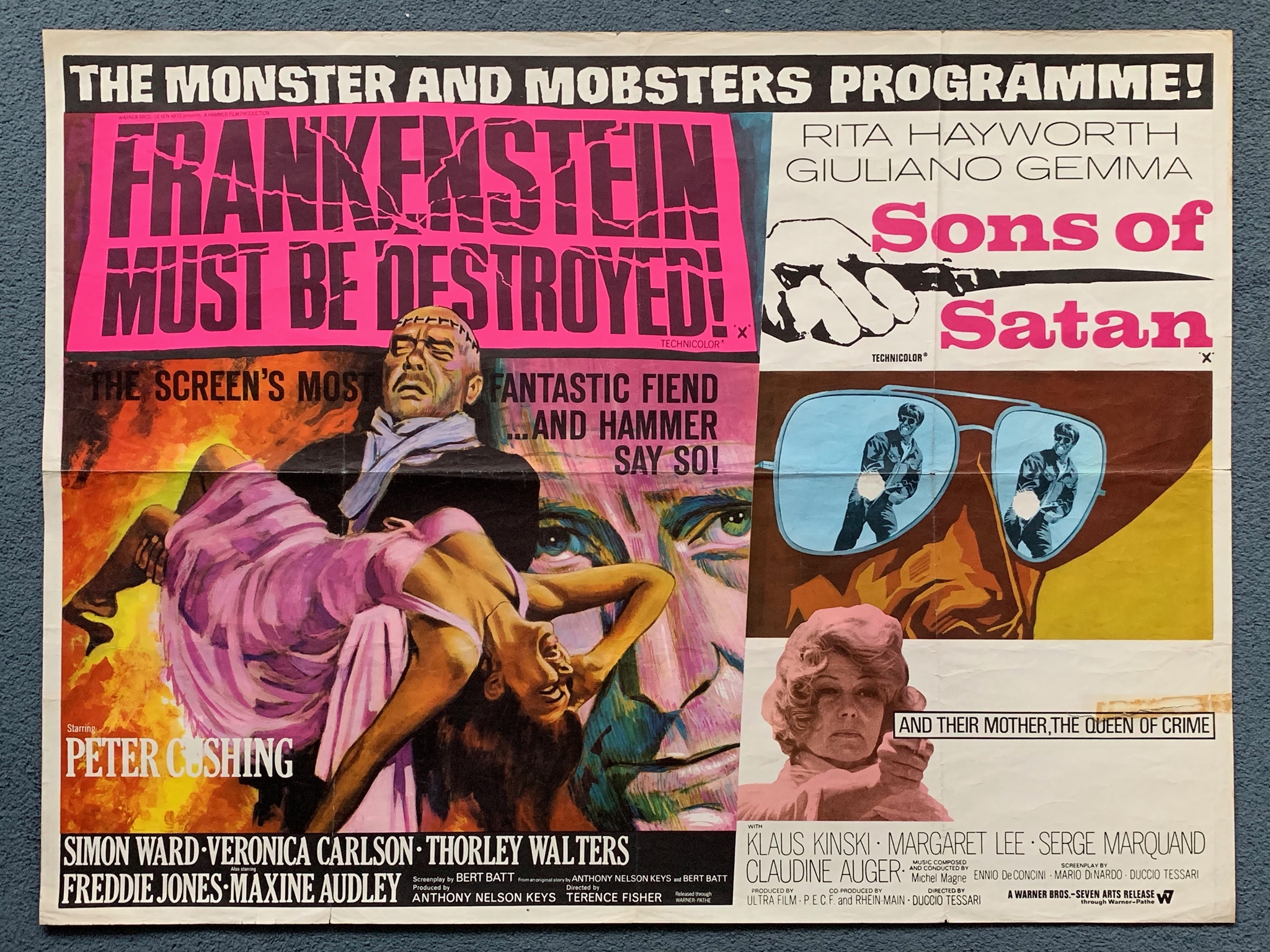 FRANKENSTEIN MUST BE DESTROYED & SONS OF SATAN (1970's) - British UK Quad Double Bill - HAMMER -