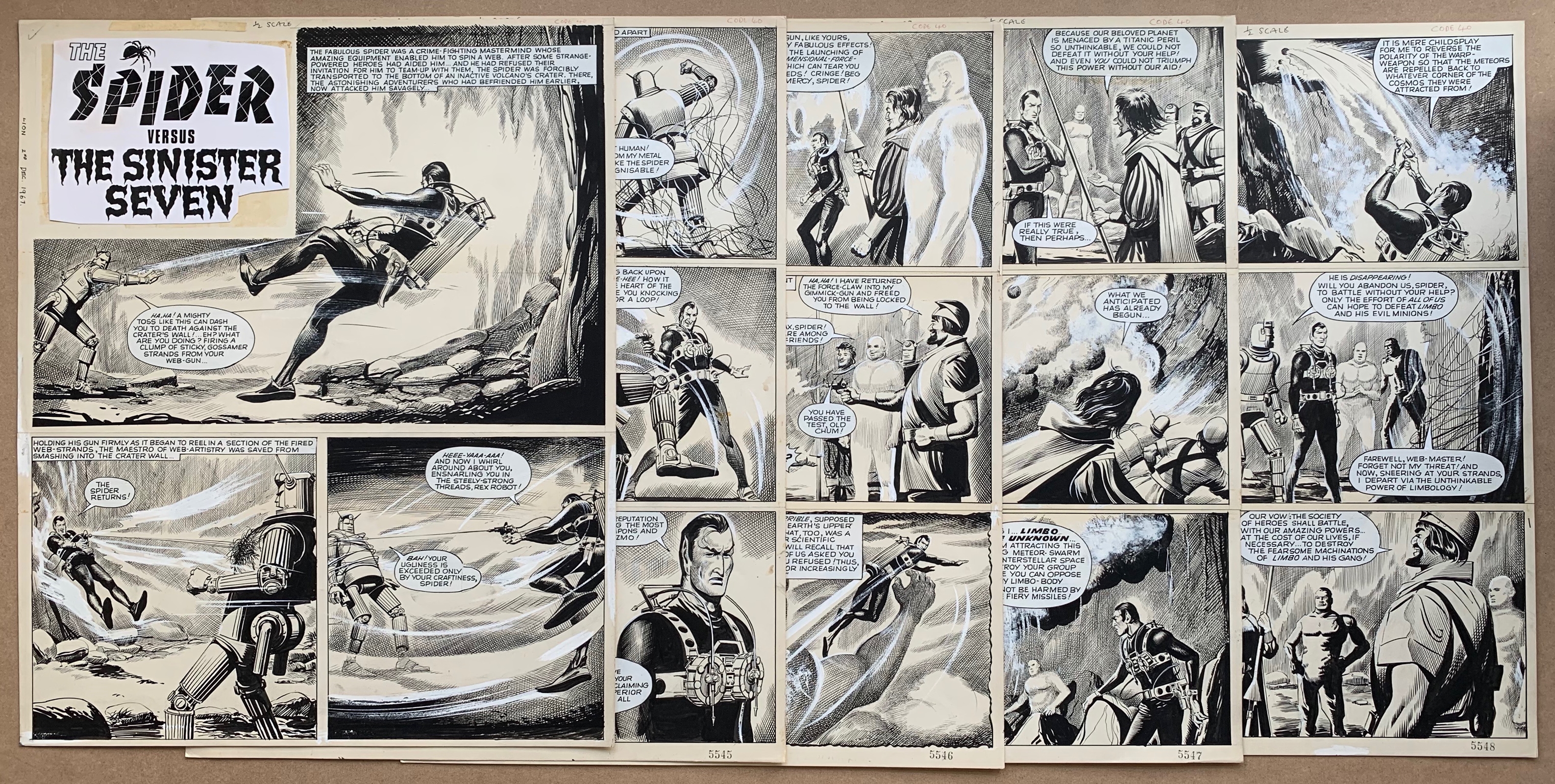 THE SPIDER VERSUS THE SINISTER SEVEN (1967) - (5 in Lot) REG BUNN ORIGINAL ARTWORK - LION COMIC