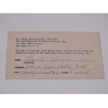 AUTOGRAPH: A typed address card hand filled and si