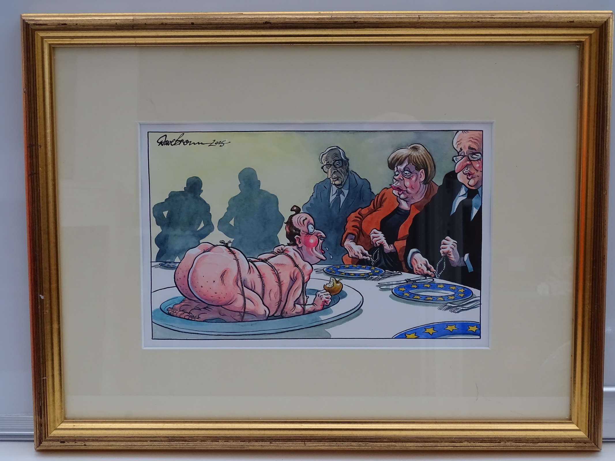 DAVE BROWN: Black and white - Framed and Glazed Original Cartoon Artwork 'Cameron and Merkel) -