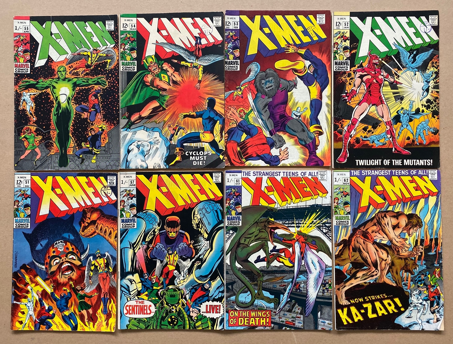 X-MEN #51, 52, 53, 54, 55, 57, 61, 62 (8 in Lot) - (1968/69 - MARVEL - Cents/Pence Stamp/Pence