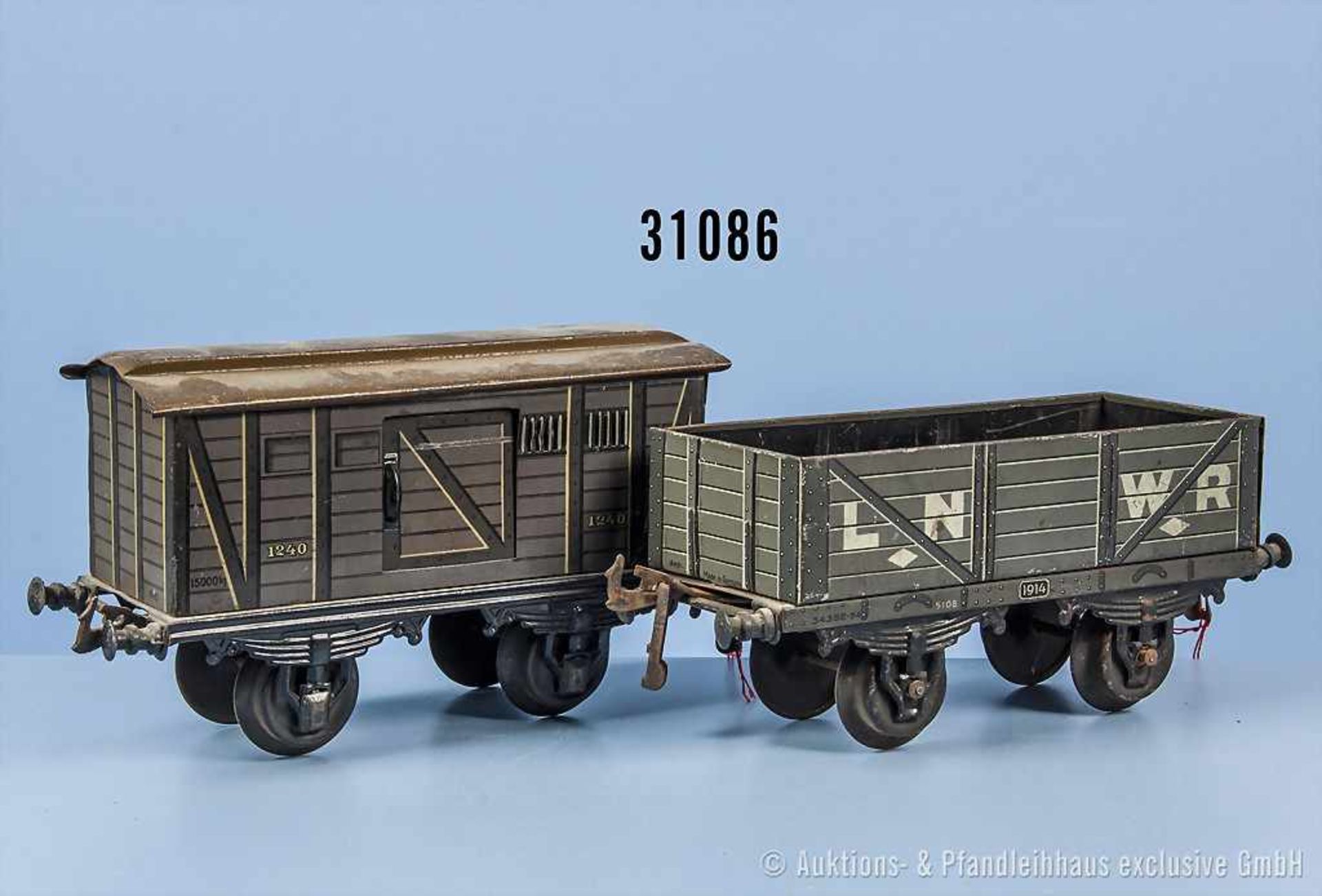 Konv. 2 Bing Spur 1 Güterwagen der LNWR, dabei 1 Hochbordwagen (Laschen der Bordwände ausgerissen)