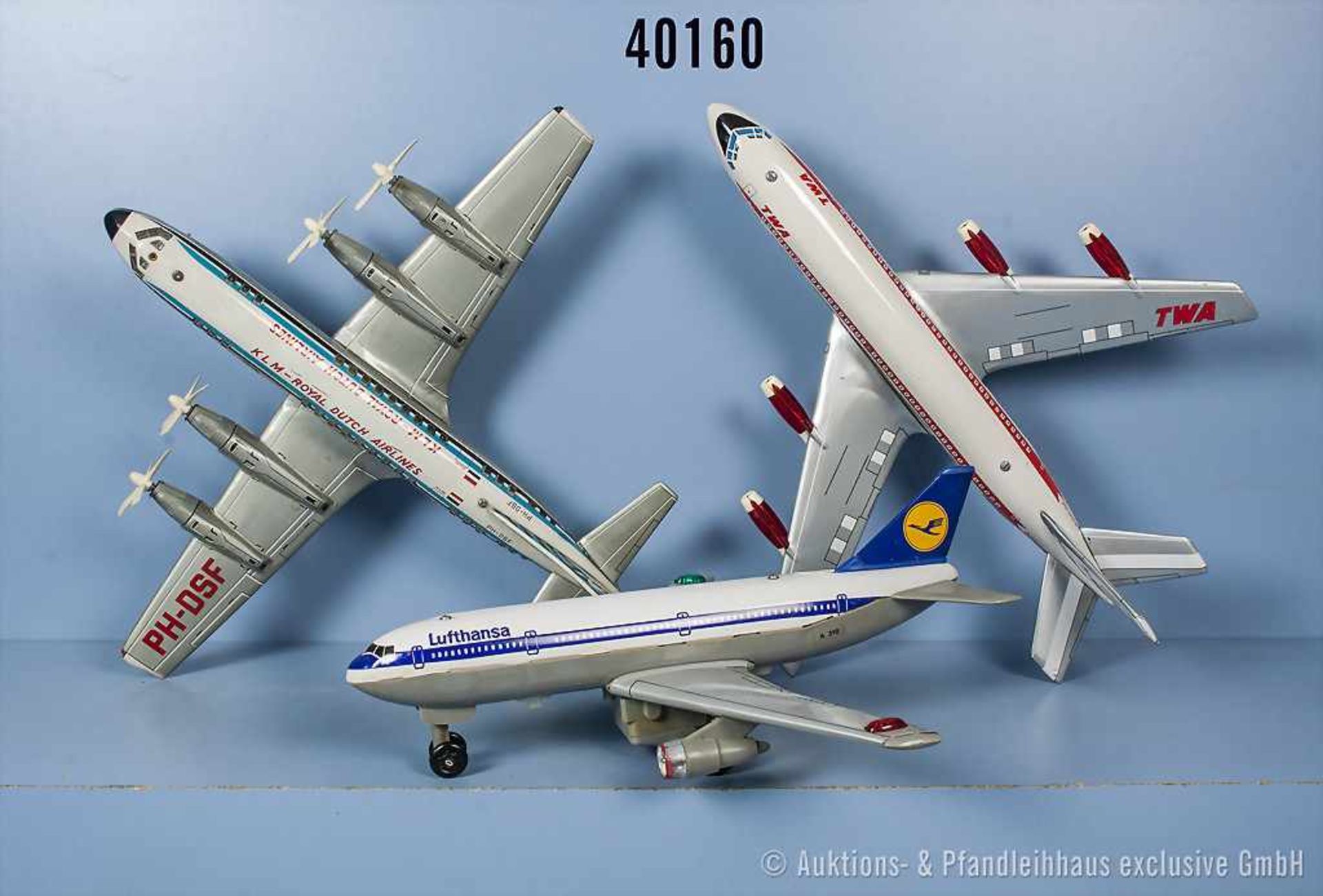 Konv. 3 Passagierflugzeuge, Lufthansa, KLM und TWA, lith. Blechausf. mit Batterieantrieb, S bis 41