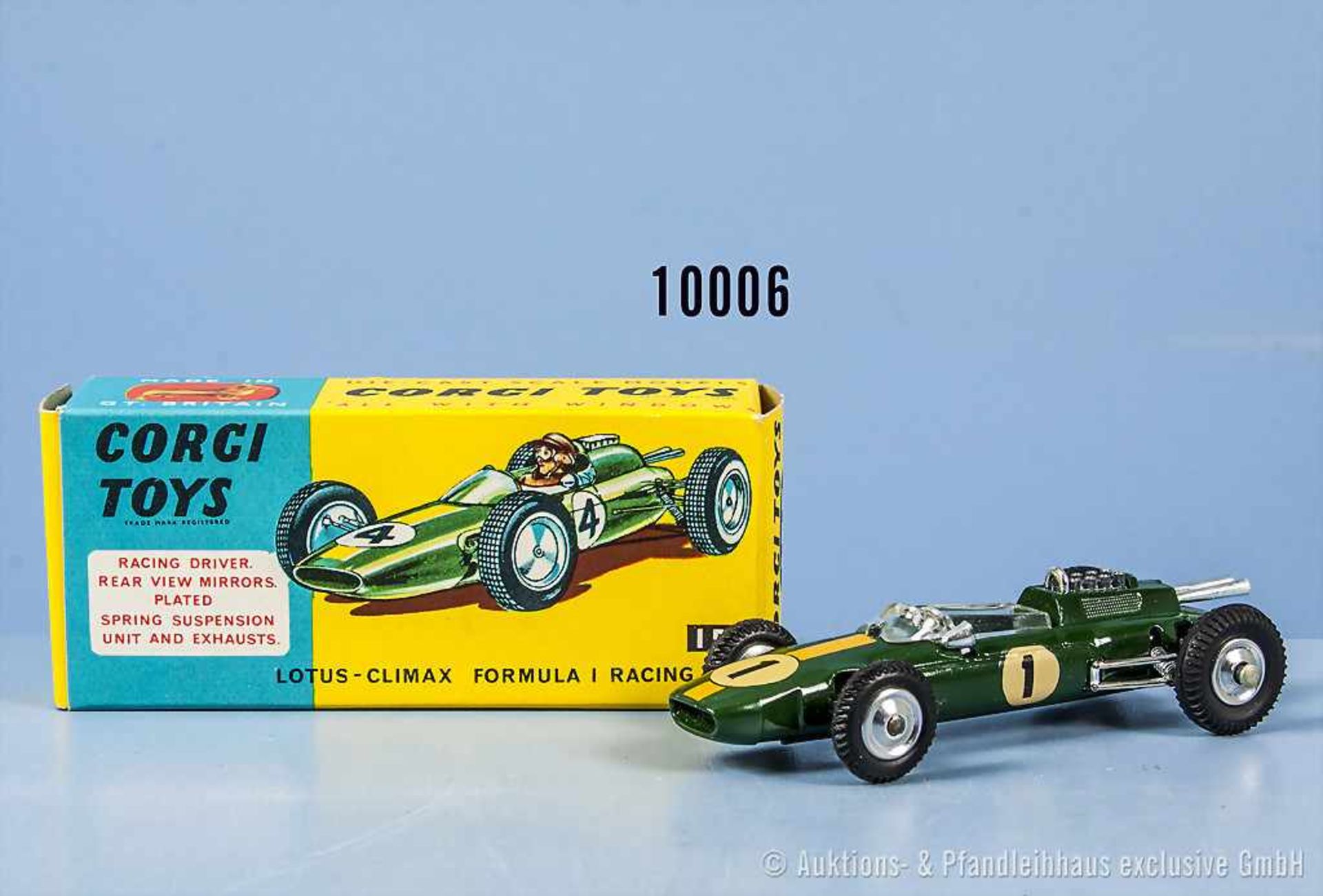 Corgi Toys 155 Lotus Climax Formula I Racing Car, lack. Metallgußausf., Startnummer 1, M ca. 1:43,