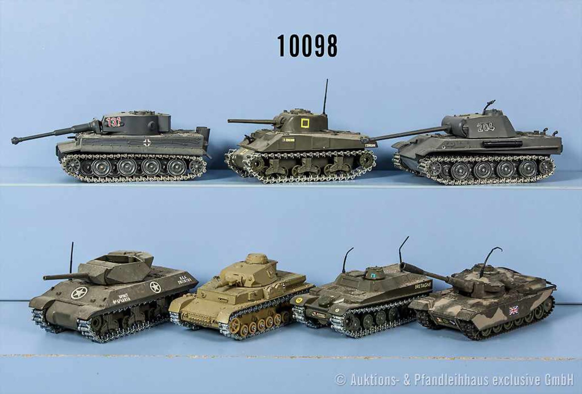 Konv. 7 Panzermodelle, dabei Char Tigre, Sherman, Pz. IV usw., lack. Metallgußausf., L bis 18 cm,