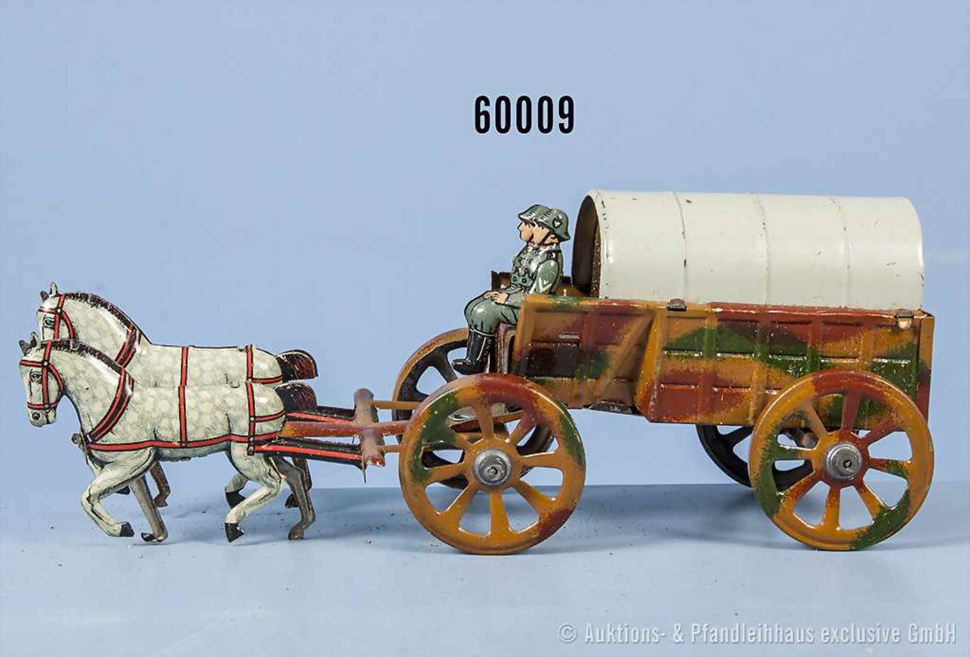 Fischer Penny Toy Feldwagen 2-spännig und 2 Aufsitzern, lith. Vollblechausf., L 17 cm, Bodenplatte