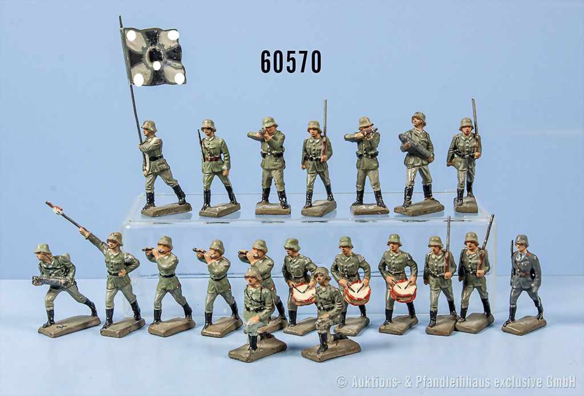Konv. 20 Lineol Soldaten, dabei Musiker, Artillerist kämpfend, Fahnenträger, Luftwaffen-Flak-