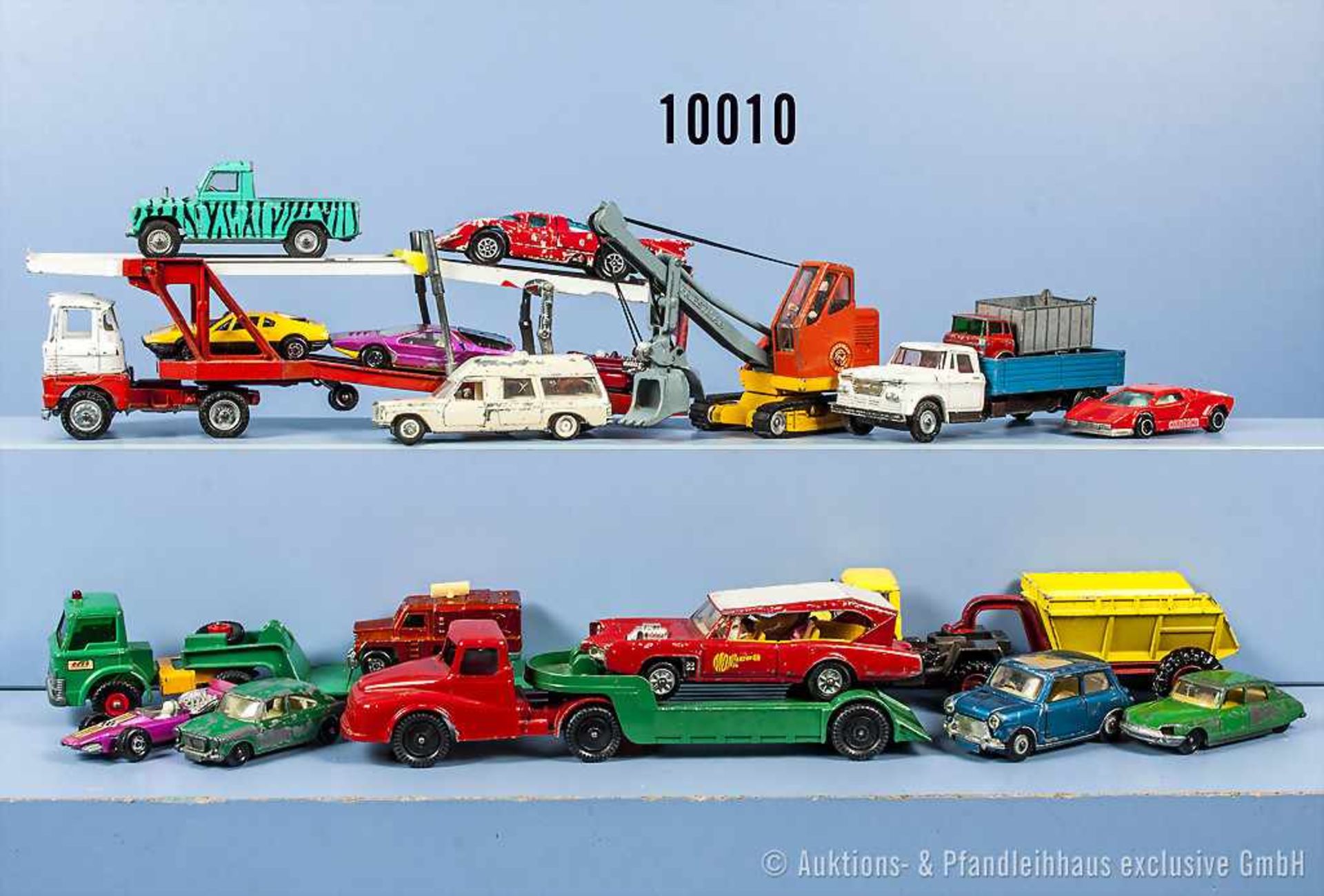 Konv. 20 Modellfahrzeuge, dabei Pkw, Lkw, Rennwagen usw., lack, Metallgußausf., L bis 26 cm, versch.