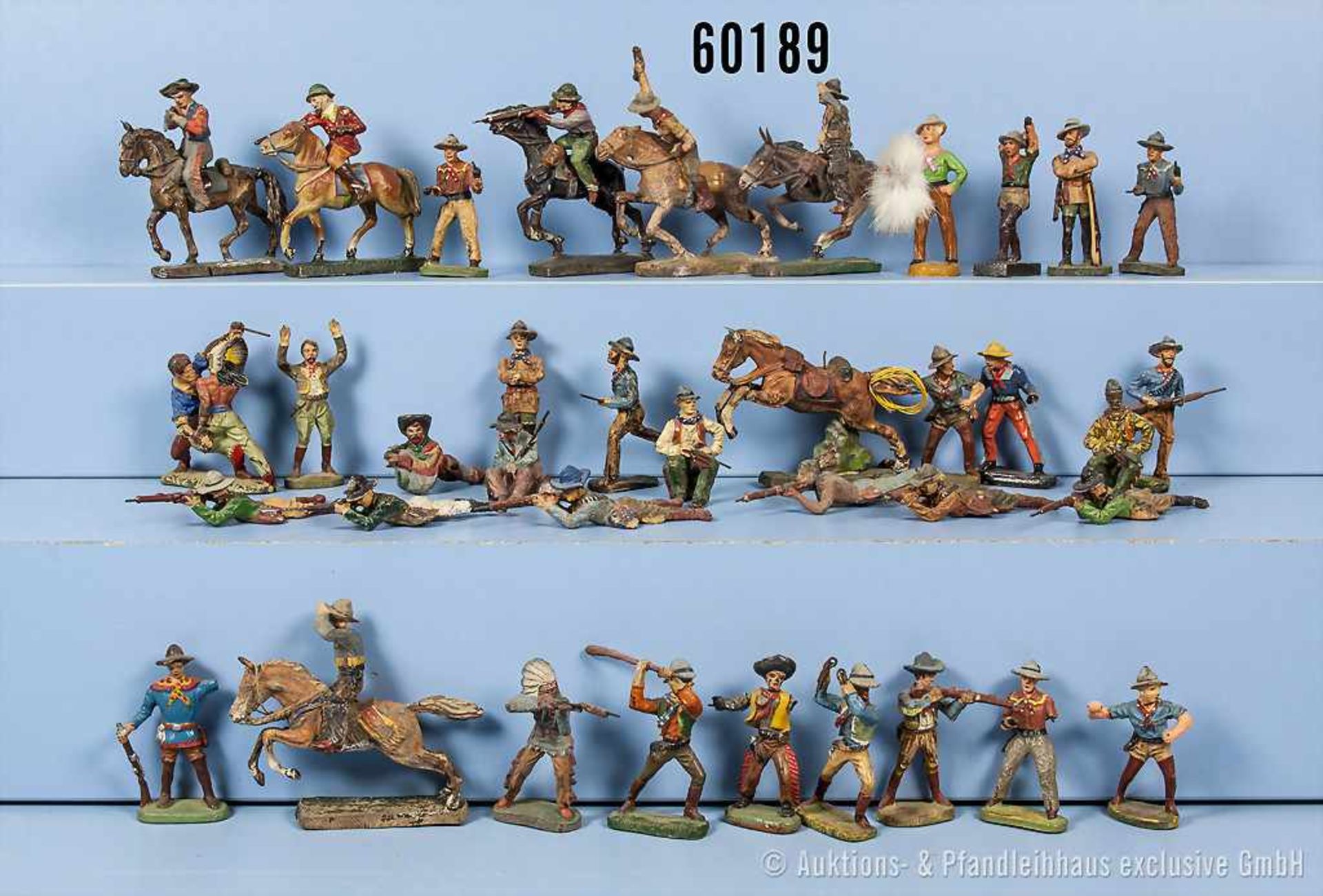 Konv. ca. 50 Wild-West Figuren, teilweise versch. Darstellungen, u. Kämpfende, zu Pferd, Indianer,