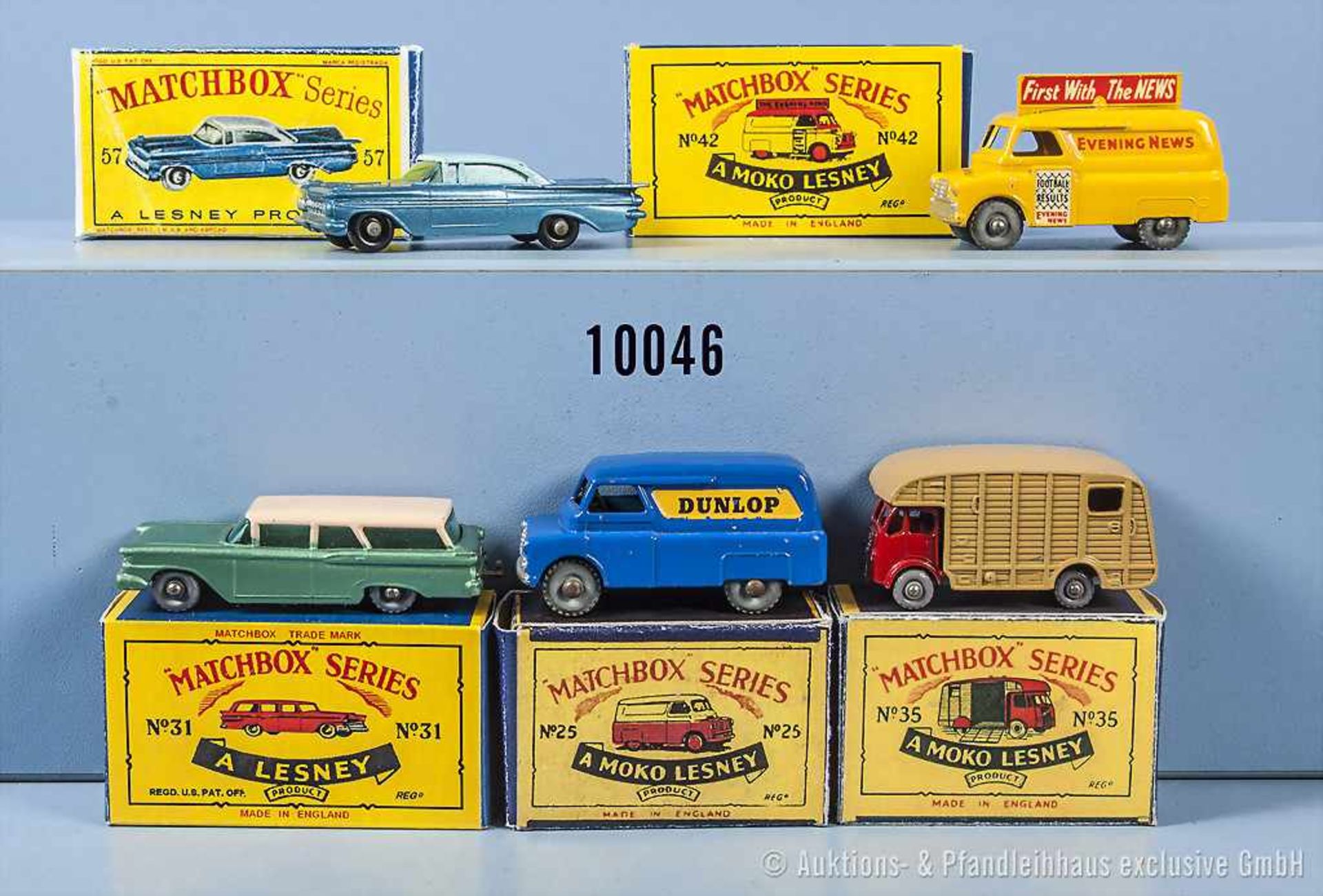 Konv. 5 Matchbox Fahrzeuge Serie 1-75, u. a. 25 A, 31 B, 35 A, 42 A und 57 B, guter bis sehr guter